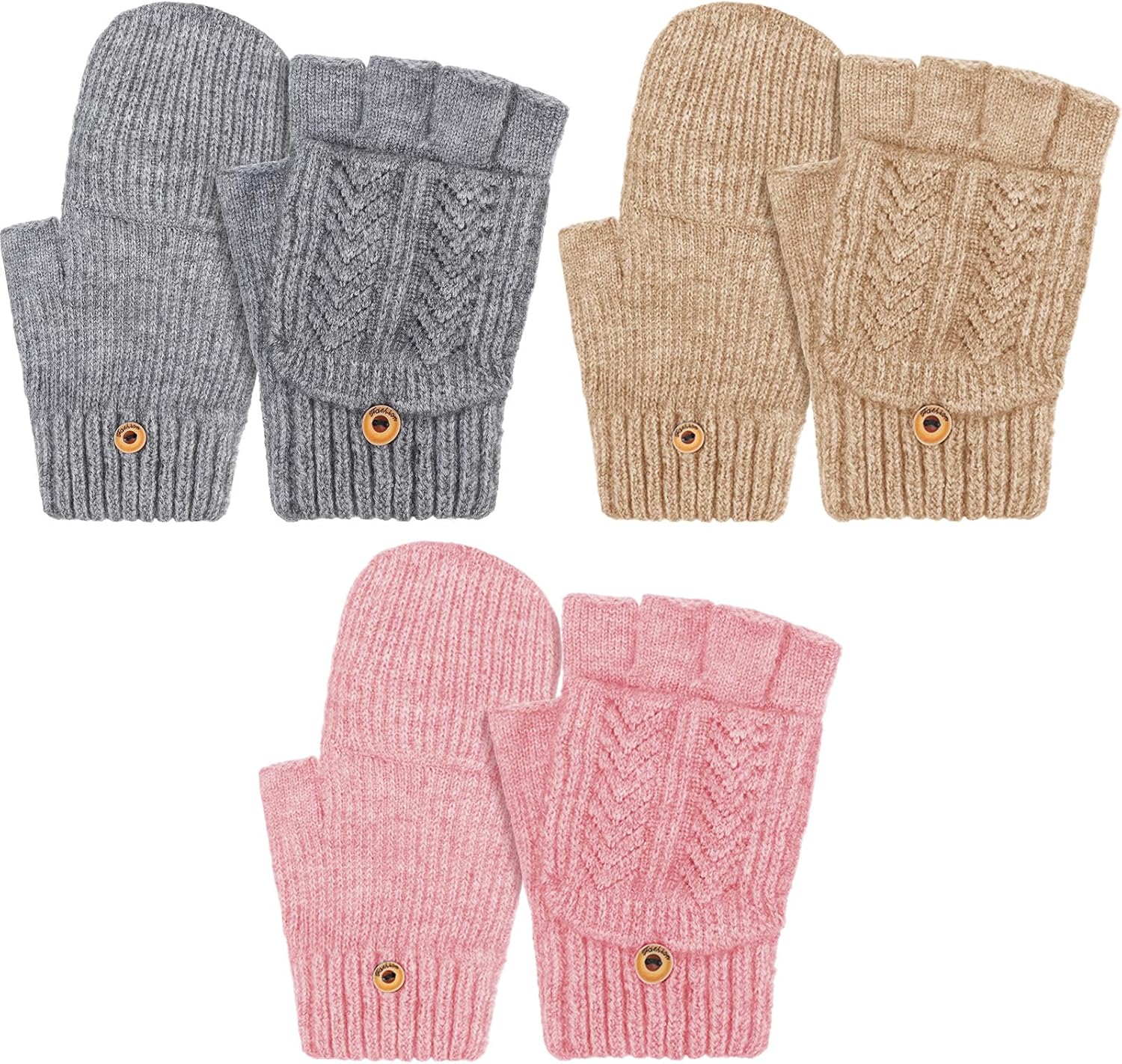 SATINIOR 3 Pairs Winter Fingerless Wool Gloves Warm Knitted Convertible Mittens Flap Cover Texting Mittens for Women Men