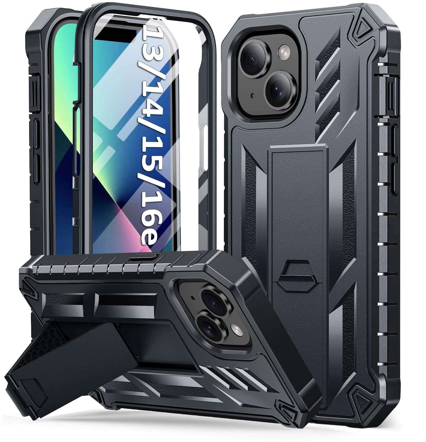 SOiOS for iPhone 13/14/15 Phone Case: for iPhone 16e Protective Cover with Built-in Kickstand | Heavy Duty Military Grade Hard Protection Shock Proof | Durable Dual-Layer Design Black
