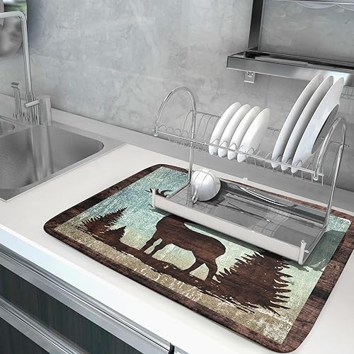 Miniatura 5 de Tapete de secado de platos retro con silueta de cabaña de ciervos, 18 x 24 pulgadas, otoño, cielo azul, nube, dibujos animados, alce, animales