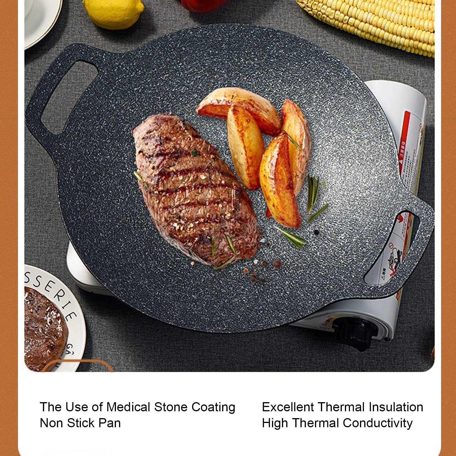 AMONIDA Piastra per Barbecue Rotonda Coreana, Padella per Griglia Rotonda Coreana Integrata per Il Viaggio in Campeggio (38 cm)