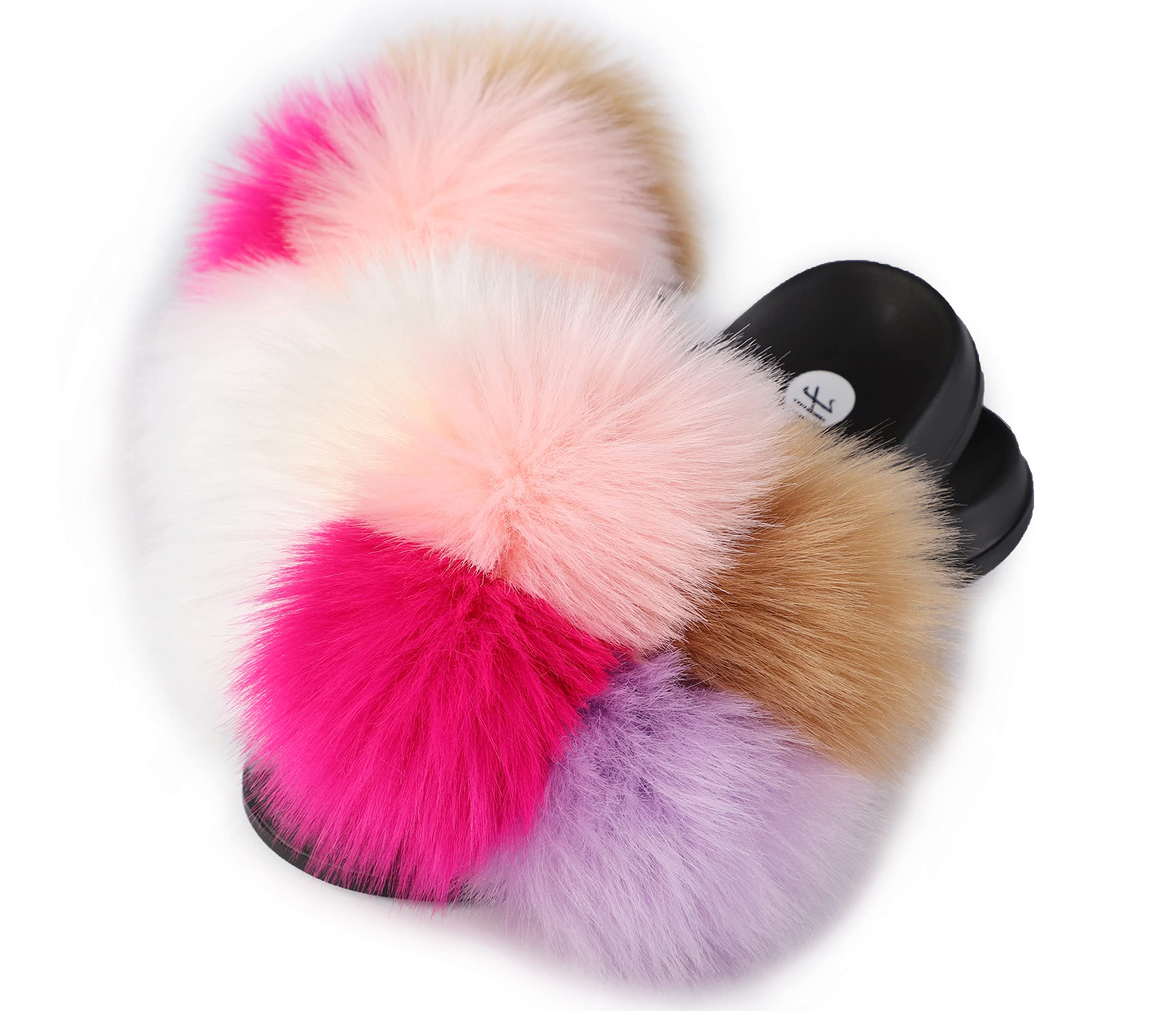 HIPRETTYUS Women's Faux Fur Slides, Open Toe Cute Fur Slippers, Indoor or Outdoor Comfortable Furry Slide Sandals With Fluffy Fur