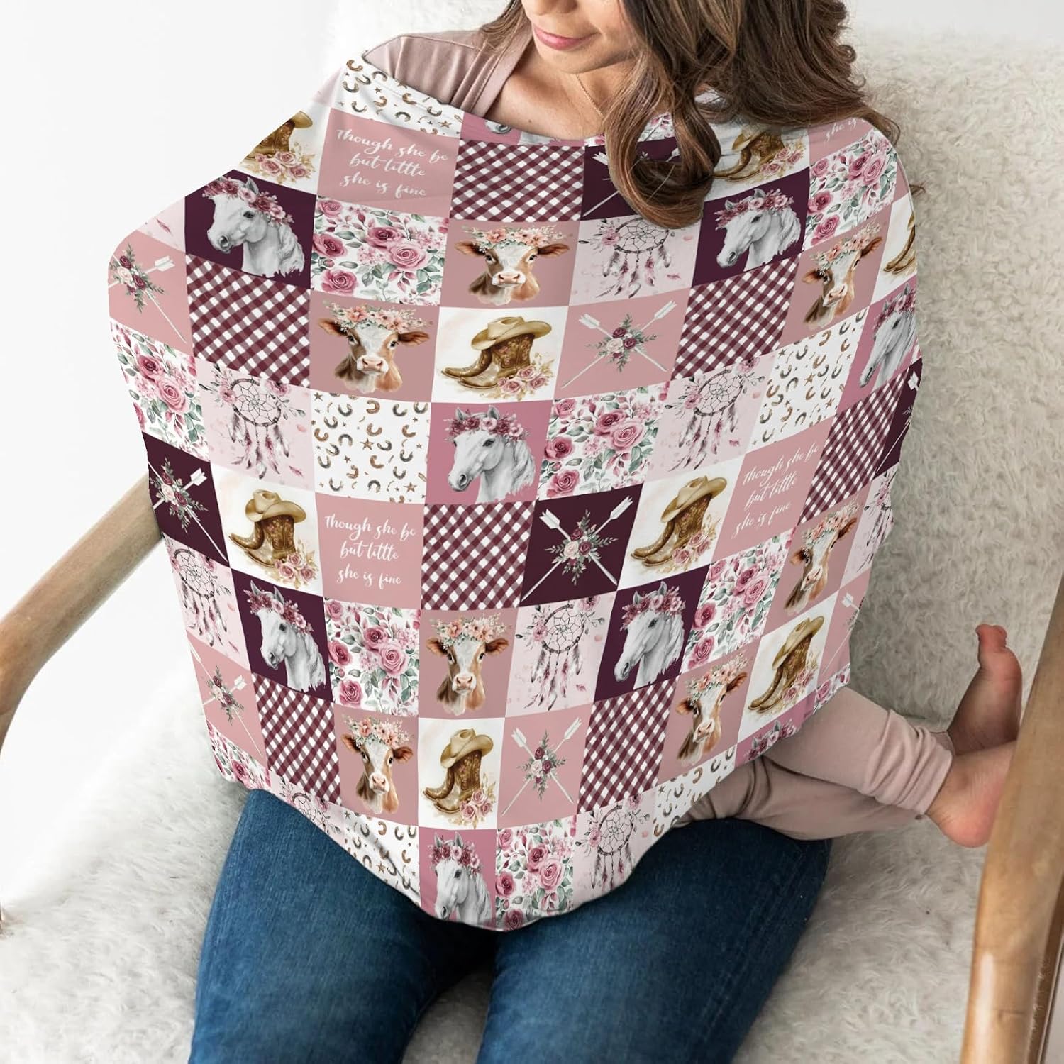 Pink Cowgirl Horse Cow Roses Baby Car Seat Covers Tribal Dreamcatcher Arrows Stretchy 5-in-1 Cover Adjustable Car Canopy Breastfeeding Cover Western Cowgirl Boots Breathable Nursing Cover-Up image 3