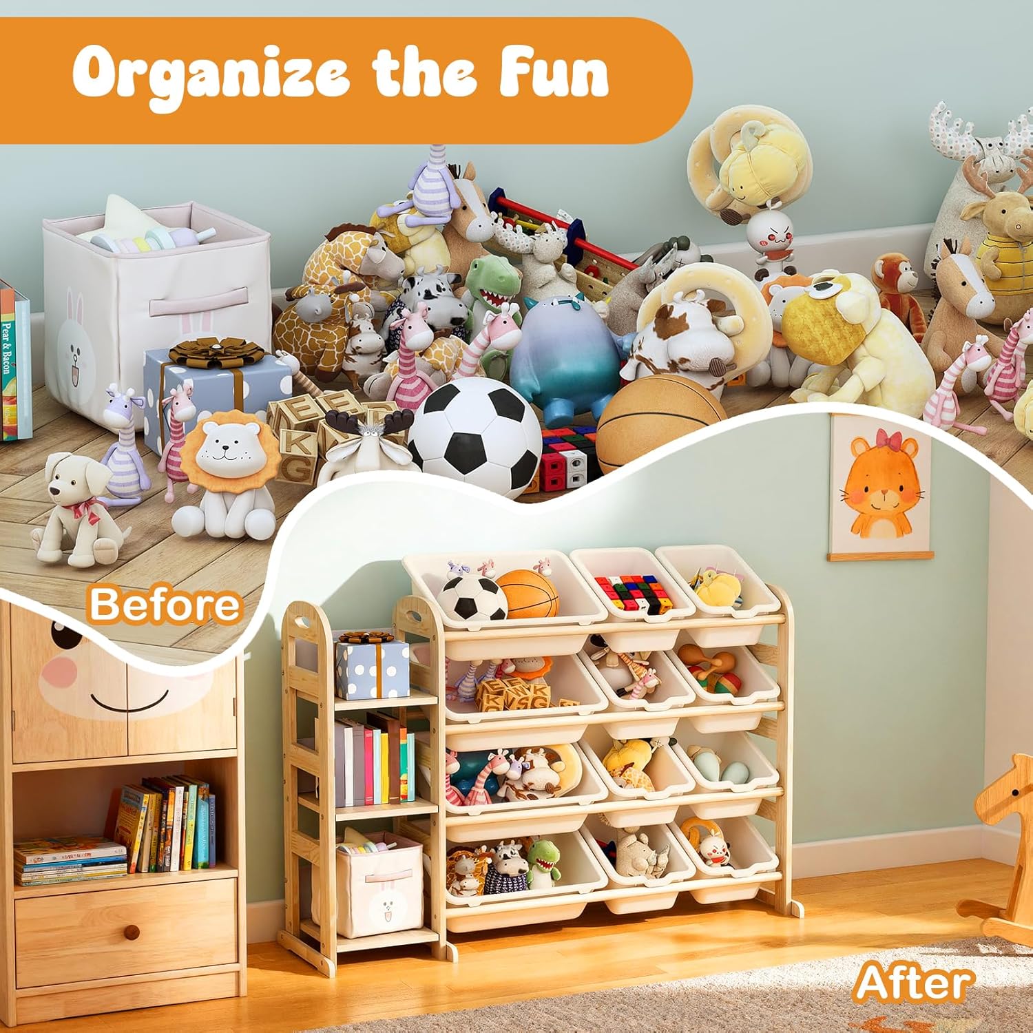 Toy Storage Organizer, Wooden Toy Organizers and Storage with Bookshelf, Toy Storage Shelf with 3 Shelves and 12 Storage Bins, Kids Bookshelf for Playroom, Nursery, Bedroom , Bookcase for Kids, White - Image 5