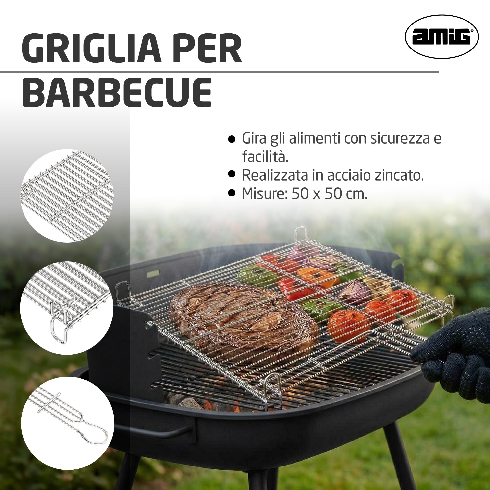 Amig - Griglia per Barbecue - 50 x 50 cm - Realizzata in Acciaio Resistente alla Corrosione - Girata Uniforme Ideale per Arrostire Carni e Verdure - MOD. AM25