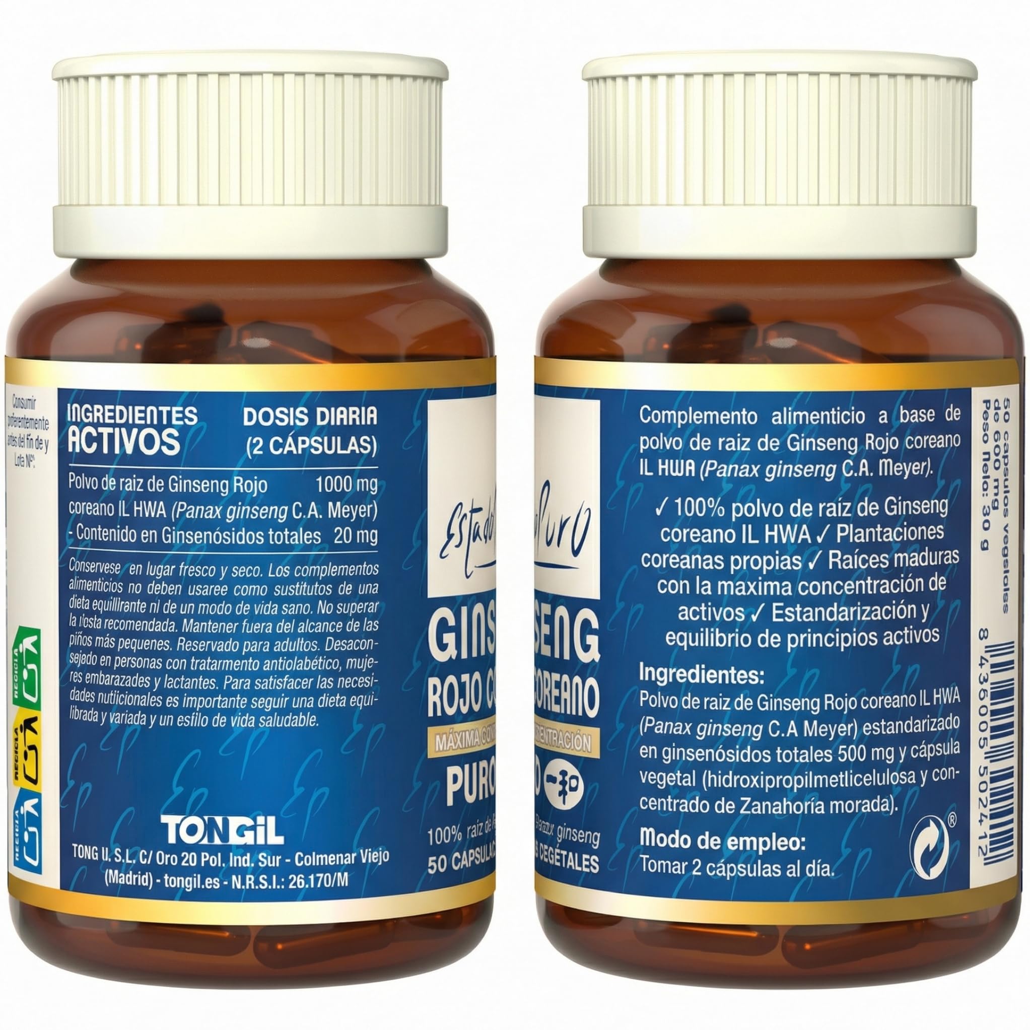 Ginseng Rojo Coreano Puro 1000mg | Panax Ginseng Máxima Concentración en Ginsenósidos | Energía Mental Vitalidad | Adaptógeno Natural | 50 Cápsulas Veganas Estado Puro