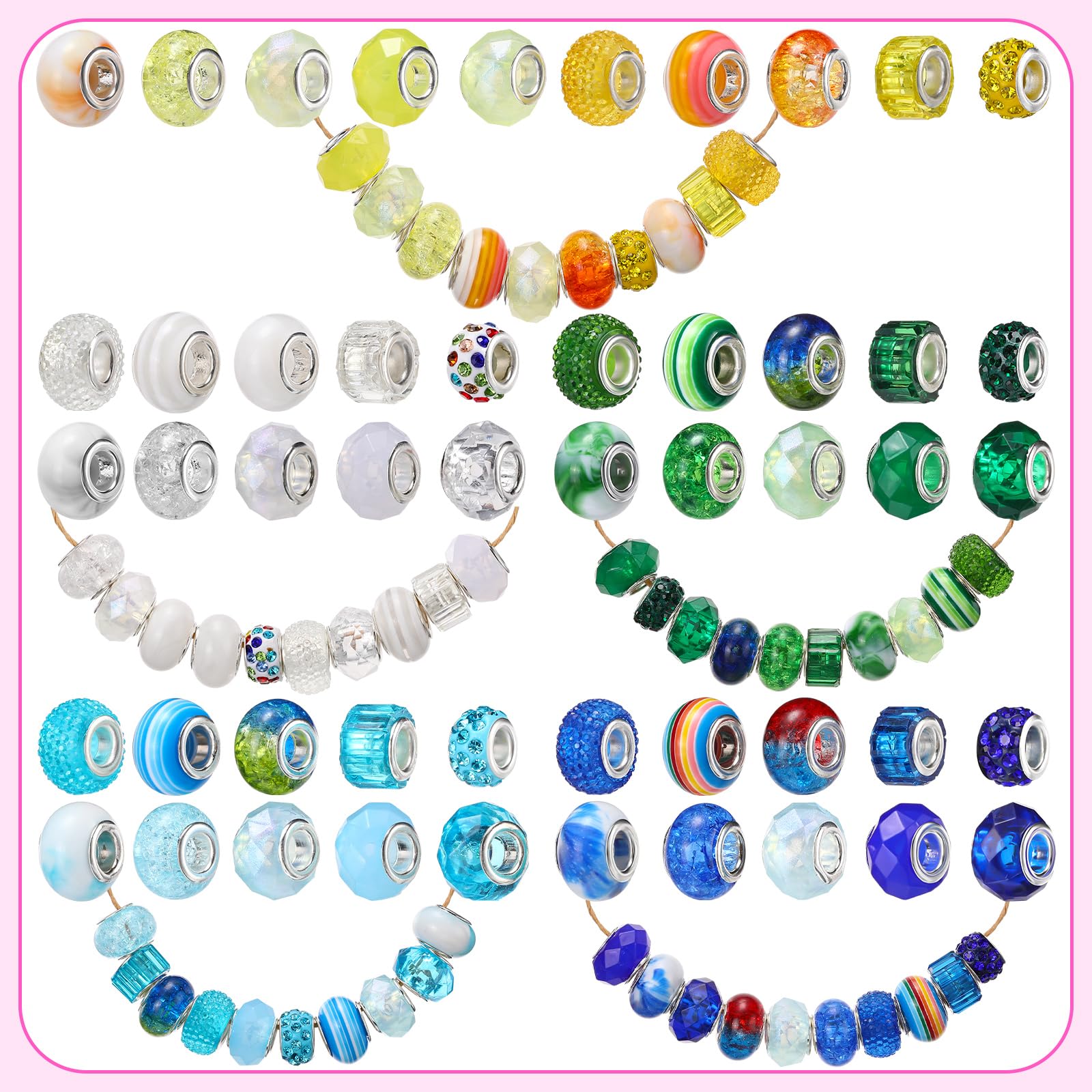80 Pcs Assorted European Large Hole Beads – Spacer Glass Beads, Rhinestone & Metal Charms For DIY Jewelry Making (Blue)