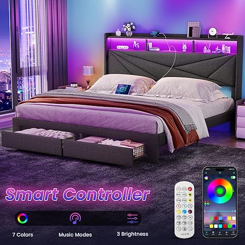 Miniatura 3 de Base de cama Queen con cabecera de almacenamiento de 2 niveles, marco de cama tapizado tamaño Queen con 2 cajones, estación de carga y luces LED, no