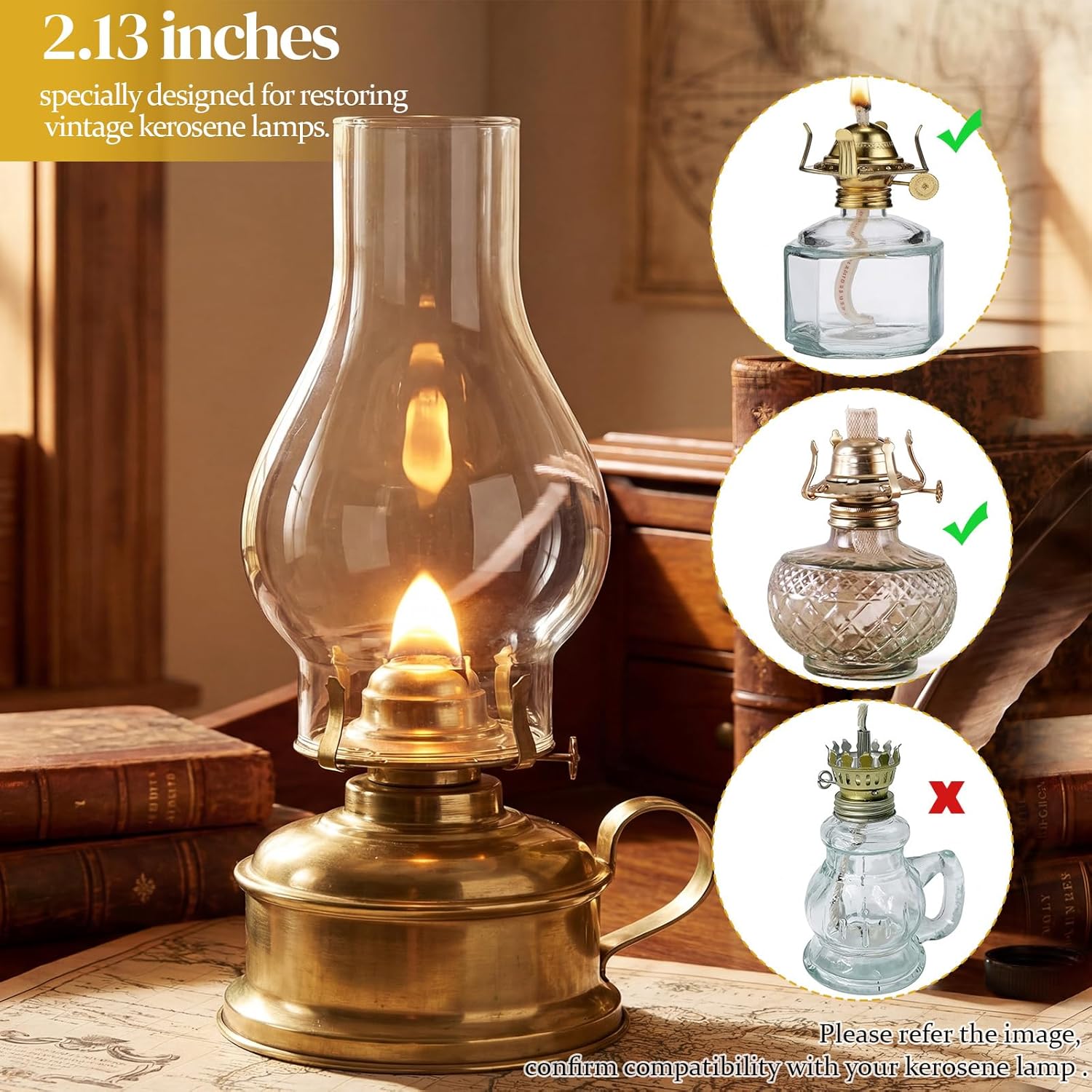 VIHOSE 4 Pcs Oil Lamp Chimney Replacement Clear Hurricane Lamp Globes Glass Shade for Kerosene Lamps (Retro,2.13 x 6.5 Inches)