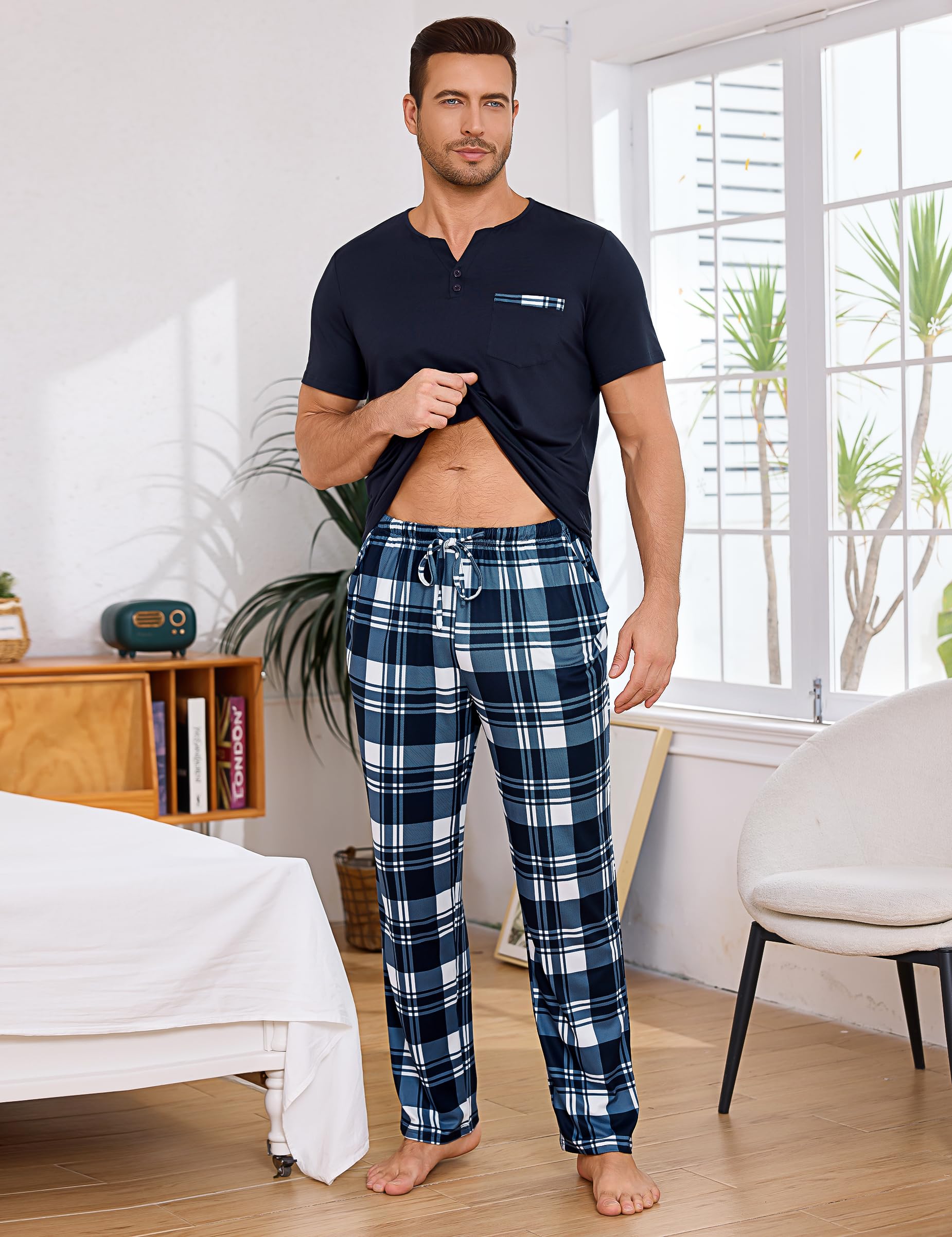Bresdk Schlafanzug Herren Lang Pyjama Set Baumwolle Warm Zweiteilige Kariert Nachtwäsche mit Kurzarm Oberteil und Lange Pyjamahose