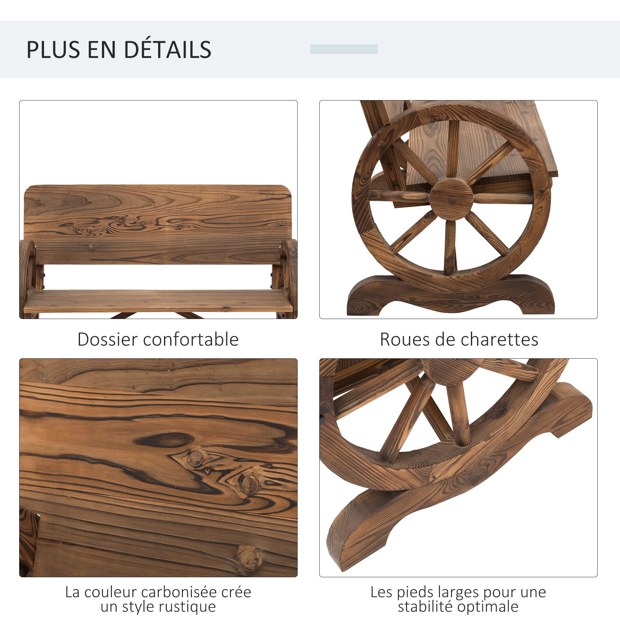 Outsunny Banc de Jardin 3 Places Style Rustique Chic accoudoirs Roues de Charette Bois Sapin traité carbonisation