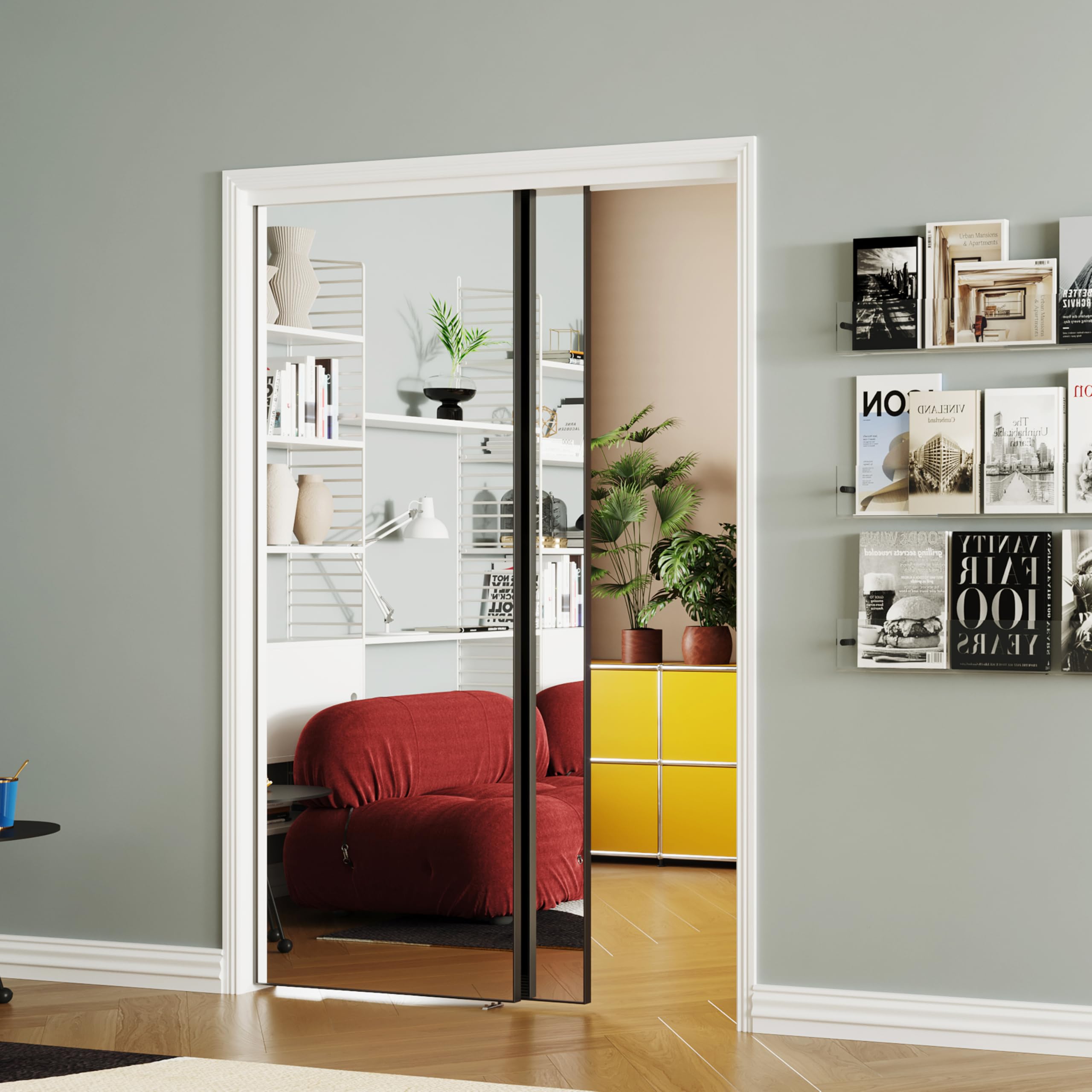 SOLRIG 1-Lite Full Size Mirror Sliding Closet Door in Black
