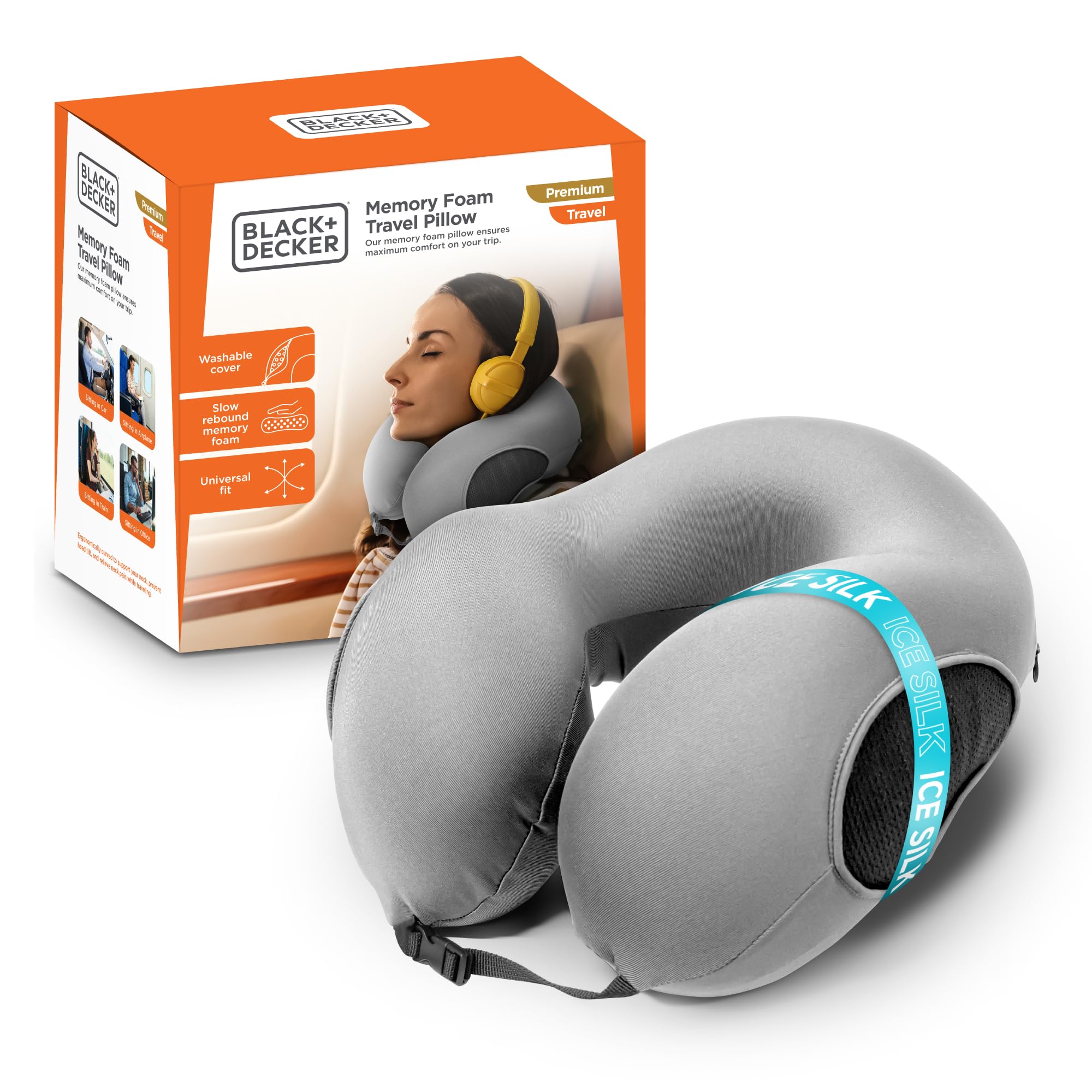 BLACK+DECKER Reise-Nackenkissen aus Memory-Schaum, Reisekissen für Flugzeug, Auto und Zug, Kühlstoff, Eisseide, ergonomisches Design, Nackenstütze, waschbarer Bezug, Grau