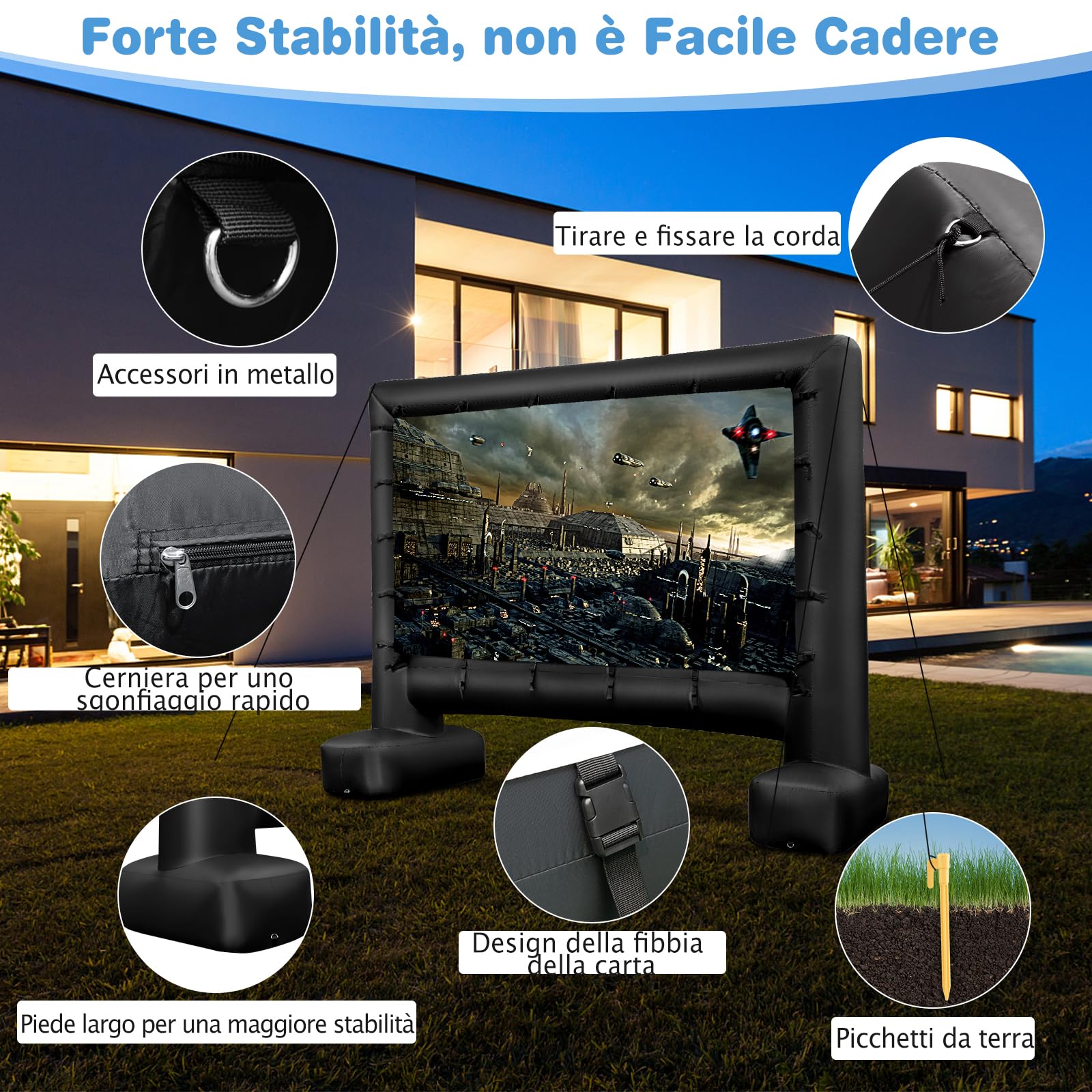 GYMAX Schermo Proiettore Gonfiabile 4 M/4,5M, Telo Proiettore Pieghevole Portatile per Film con Soffiatore d'Aria, Schermo Doppia Faccia, Borsa, Picchetti, per Giardino, Terrazzo, Esterno (4M)