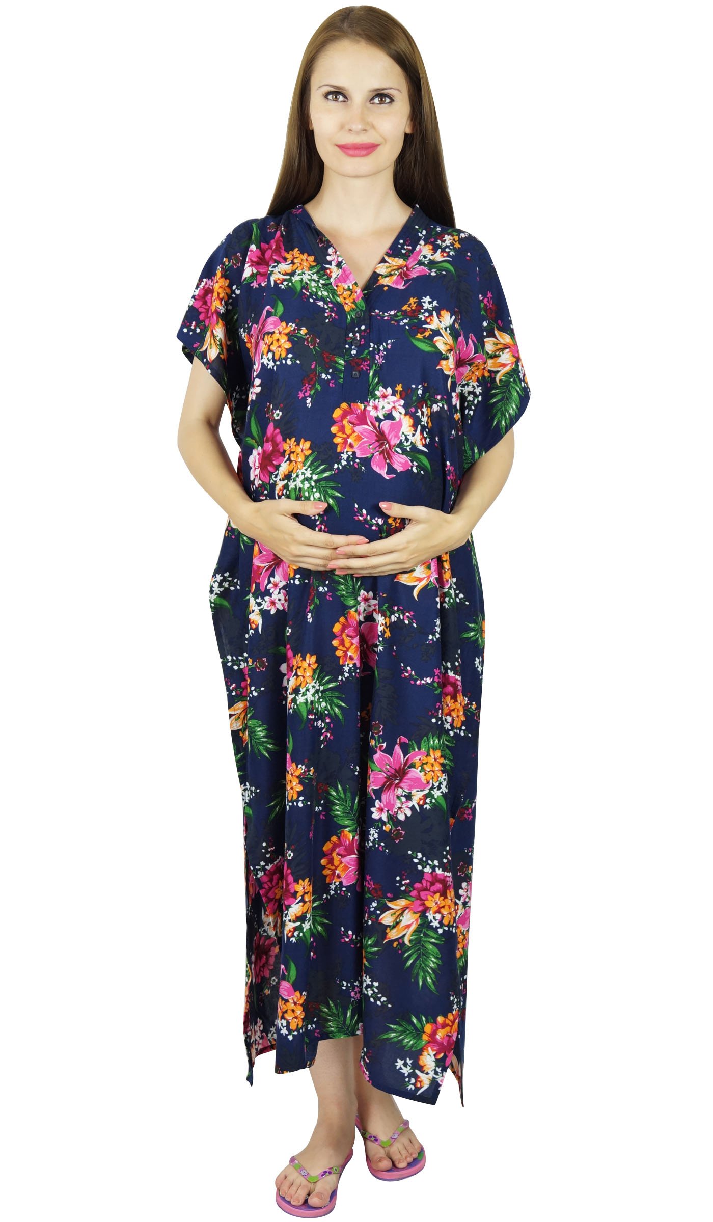 Bimba Women's Blue Maternity Kaftan With Belt Rayon Nursing Night Gown, Front & Back Buttons