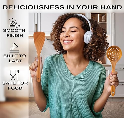 Miniatura 6 de Juego de utensilios de madera de teca de 9 piezas Cucharas de madera para cocinar con soporte para cucharas, espátula de madera y utensilios de