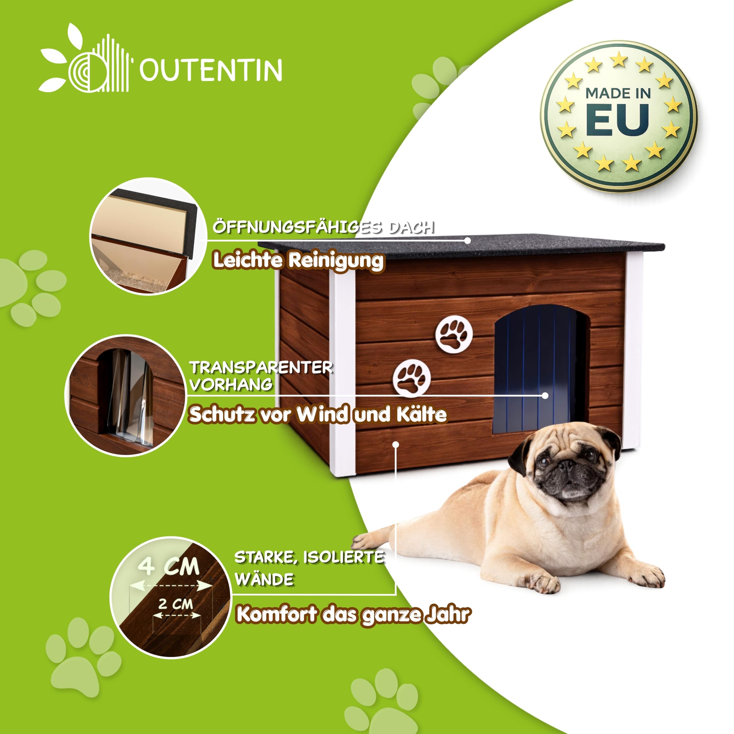 Outentin Cuccia Per Cani Da Esterno Invernale - Casa Per Cani Di Taglia Media Isolata e Impermeabile - Cuccia Per Esterni con Tetto Piatto Apribile - Villa Moderna e Robusta - 76 x 60 x 60 cm - Noce