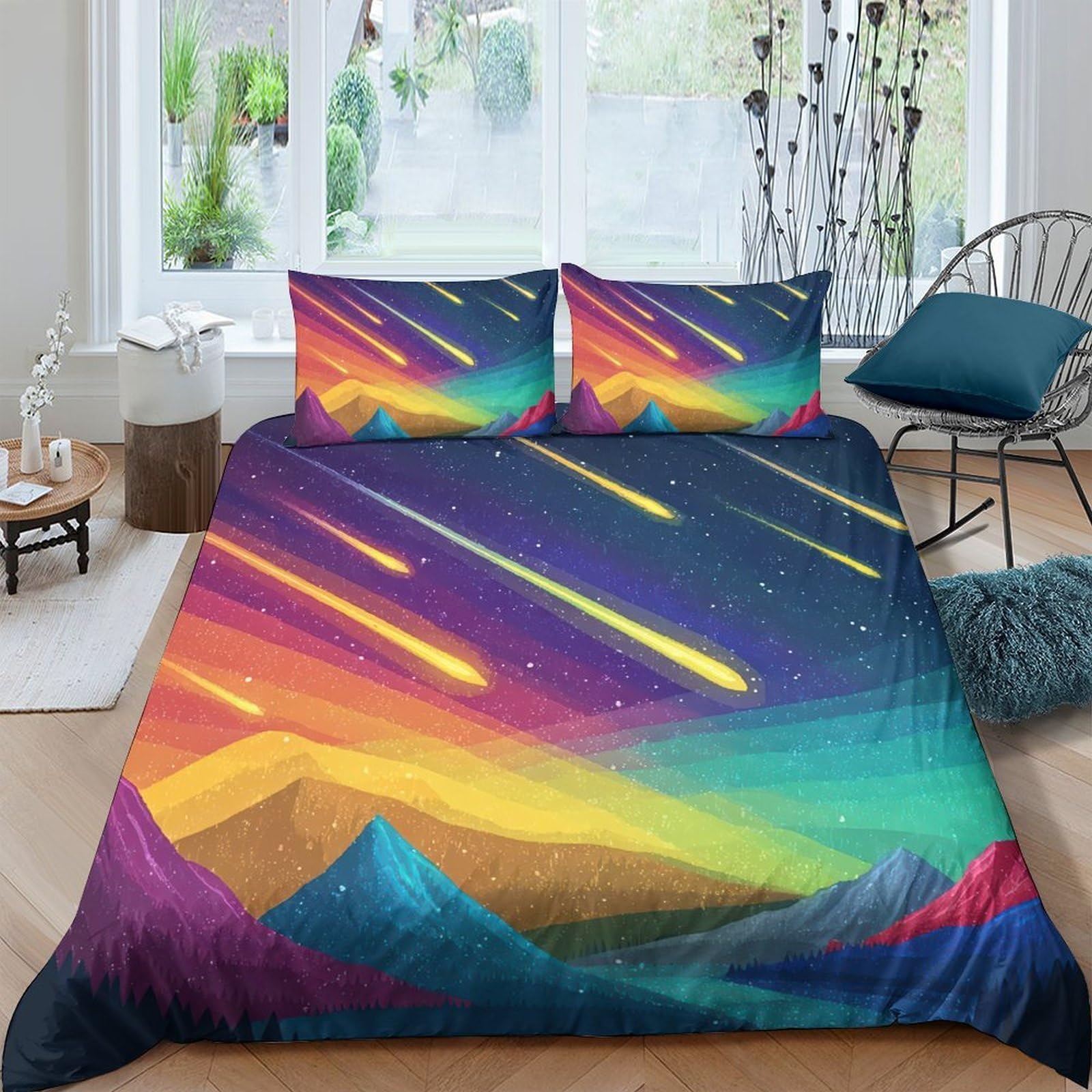 Ctjqhvkz Style-9 3D Printed Meteor Night Fitted Sheet Microfiber Soft Breathable Aurora Mountain Bed Cover For Bedroom Dorm Decor Single（135X200cm）