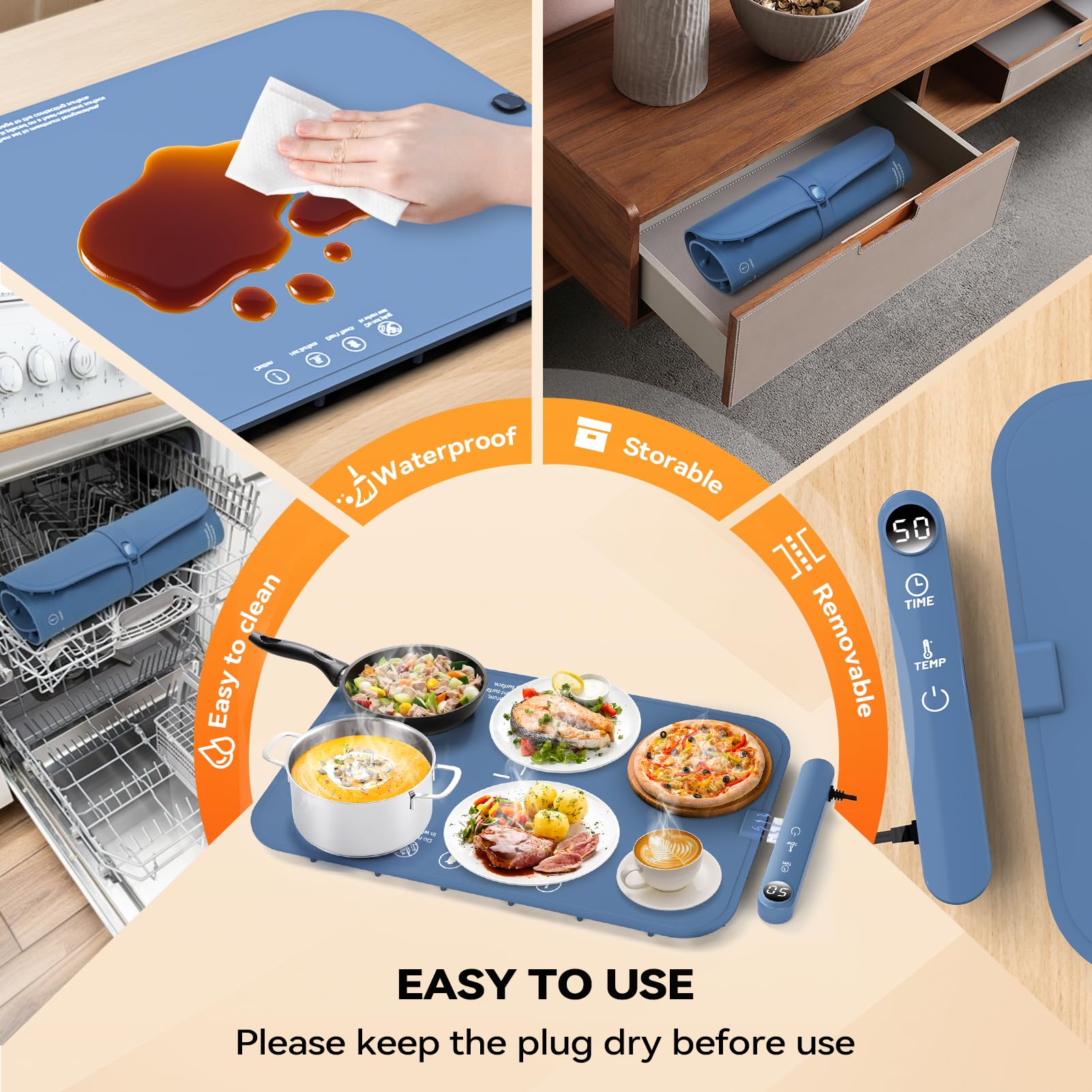 Warmhalteplatte Elektrisch mit Graphen Heizung 6-stufige Temperaturregelung 50-100°C 6h Timer Food Warmer Mat