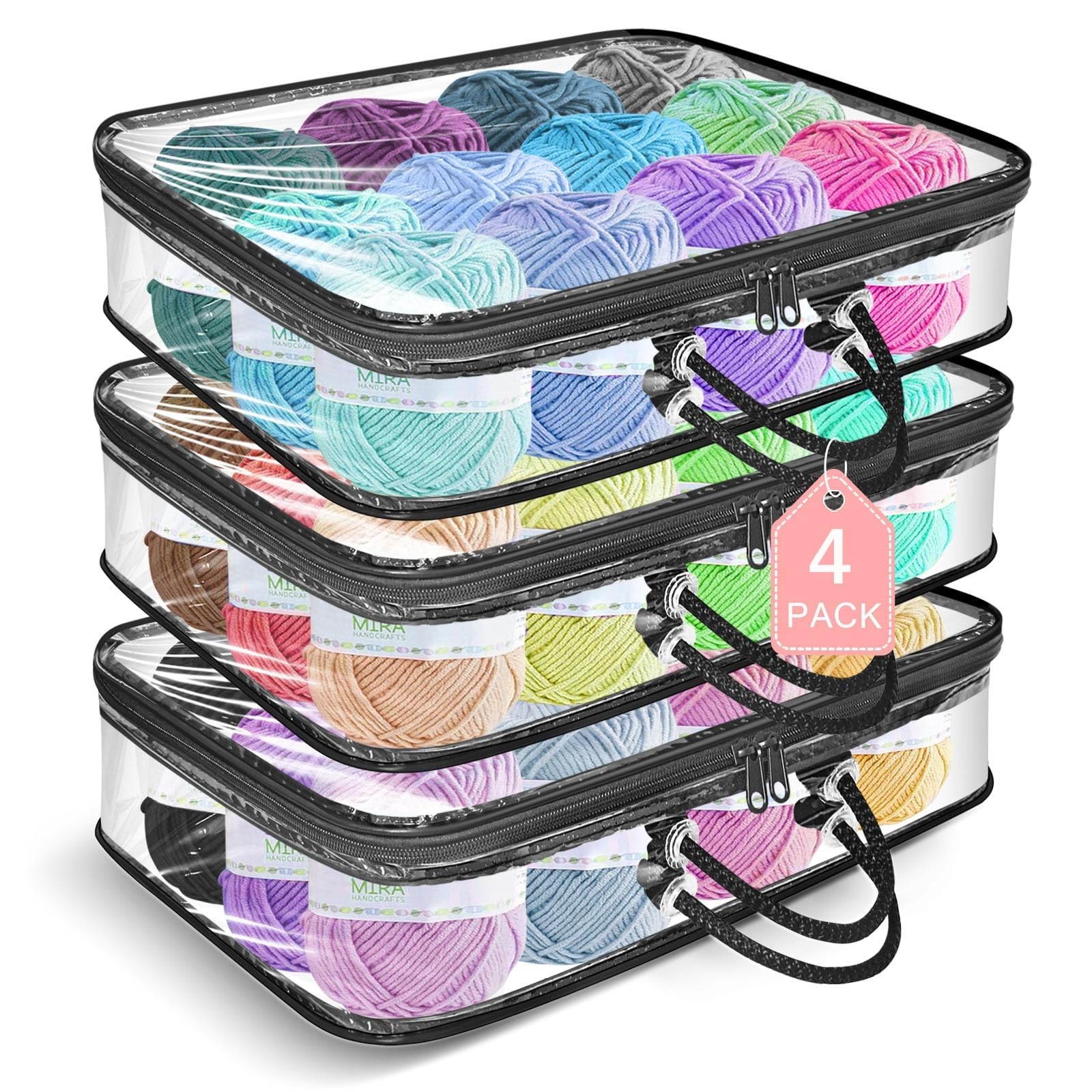 Xygobla 4PCS Clear Yarn Storage Organiser, Portable Yarn Storage Organiser Set with 8 Lables,Dust-Proof Waterproof Wool Storages Knitting Organizers with Handle & Zipper Saving Space for Toys Clothes