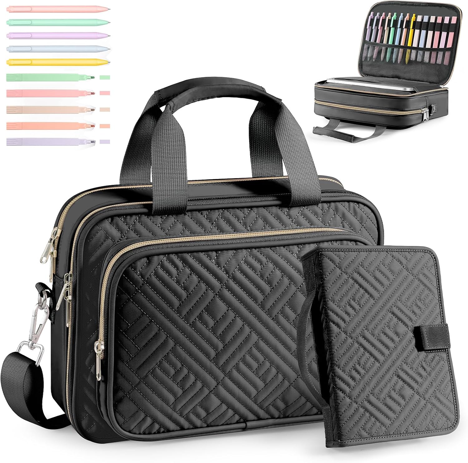 Bible Cover Case for Women, Bible Bag with Shoulder Strap, Bible Study Supplies with Highlighters, Journaling Kit Book Carrying Case, Christian Gift for Women (Black)