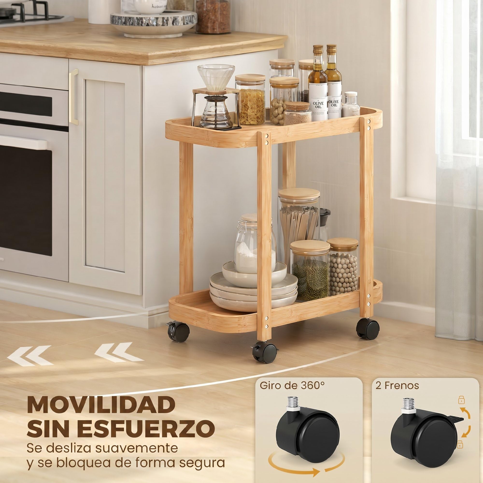 HOMCOM Carrito de Cocina de Bambú de 2 Niveles 54x36,5x60 cm Natural | Carrito Auxiliar de Cocina con Ruedas, 2 Estantes Abiertos, Diseño Curvo, para Comedor