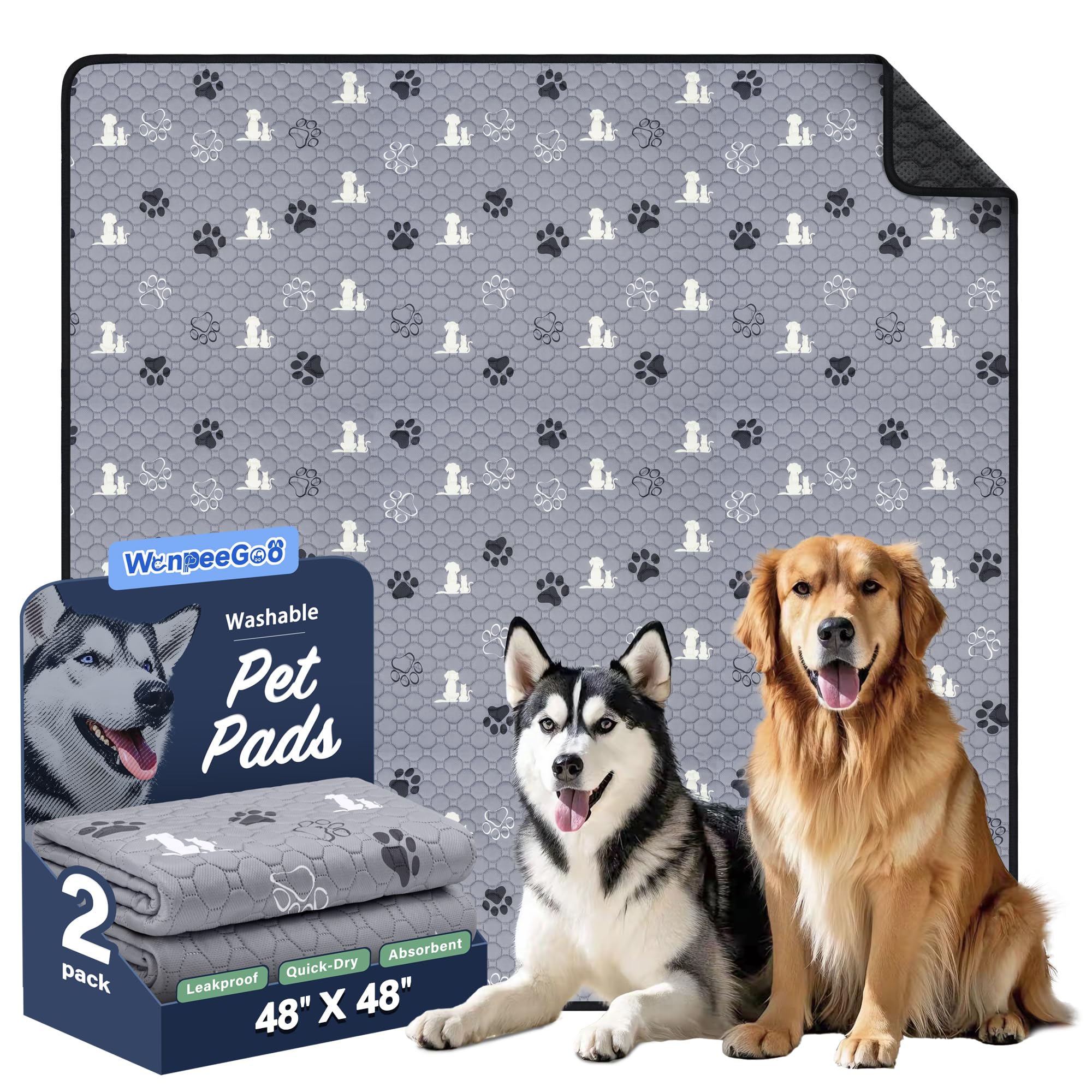 WanpeeGoo Washable Pee Pads for Dogs, 2 Pack Absorbent Reusable Training Dog Pads Pet Puppy Pads, Non-Slip Potty Pads for Whelping, Playpen, Crate, Bed, Gray, 48"x48" — image 1