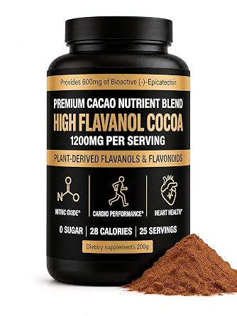 High Flavanol Cocoa Powder - 1200mg per Serving with Cocoa Flavanols & Epicatechin to Improve Circulation, Boost Energy & Elevate Mood - Supports Heart Health, Vegan, Gluten-Free, 200g