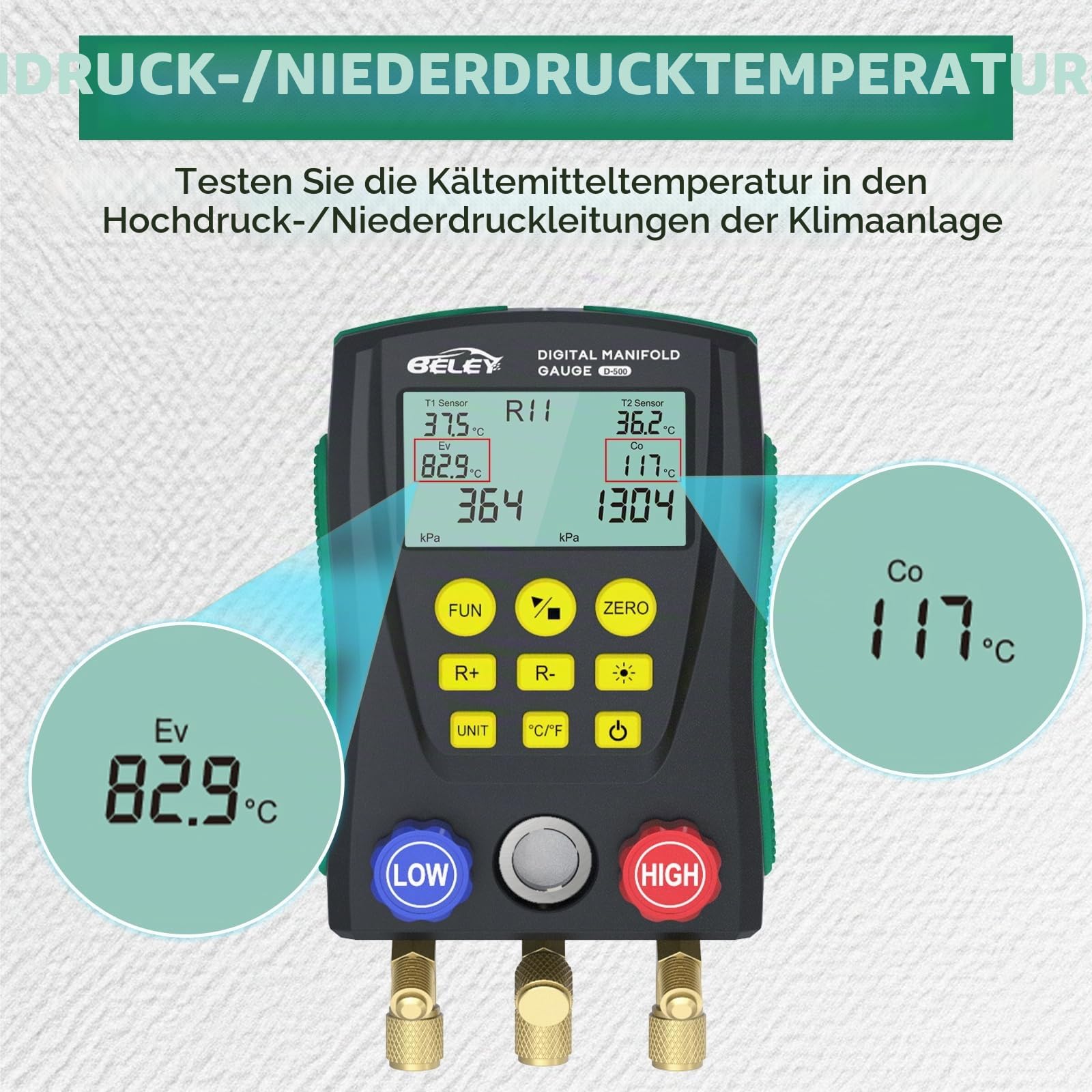 Digitales Monteurhilfe Manometer-Set für HVAC - Kompatibel mit R410a, R32, R22 Kältemittel, mit Temperaturklemmen und Kältemittelschläuchen, für Prüfung & Wartung von Klimaanlagen und Kühlschränken
