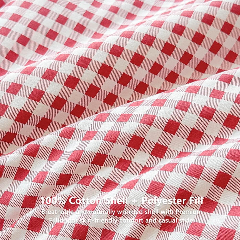 NSNLGSGC Red Gingham Cotton Comforter Set Queen, 100% Washed Cotton Plaid Checked Comforter Bedding, 3 Pieces Vintage Farmhouse Grid Bedding Set(Red Gingham, Queen) - Image 6