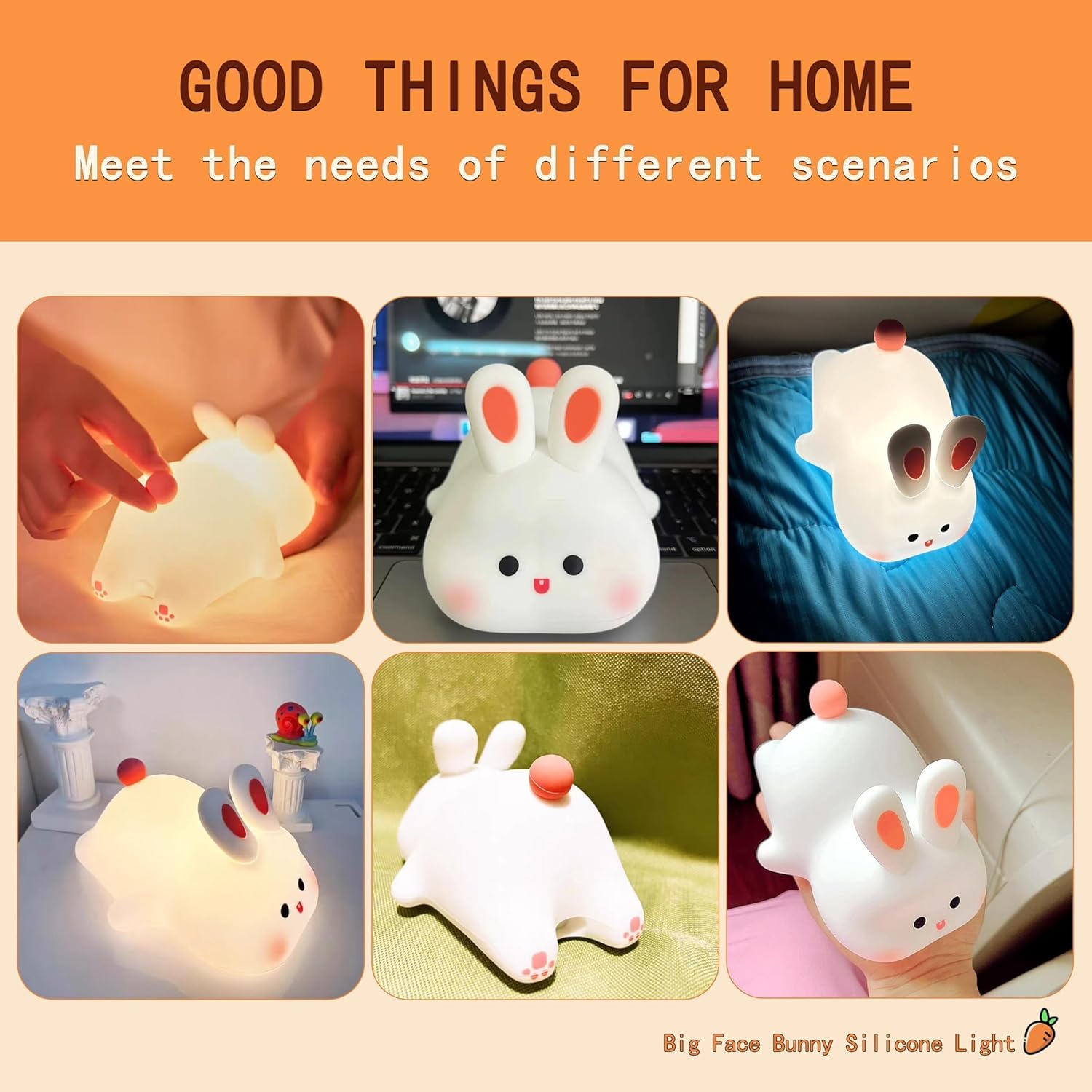 Squishy Bunny Night Light for Kids, Cute Big Face Rabbit Silicone Lamp with Timer Dimmable 3 Brightness, Easter Nursery Nightlight Portable Bedside Touch Lamp for Nightstand Bedroom Living Room Home