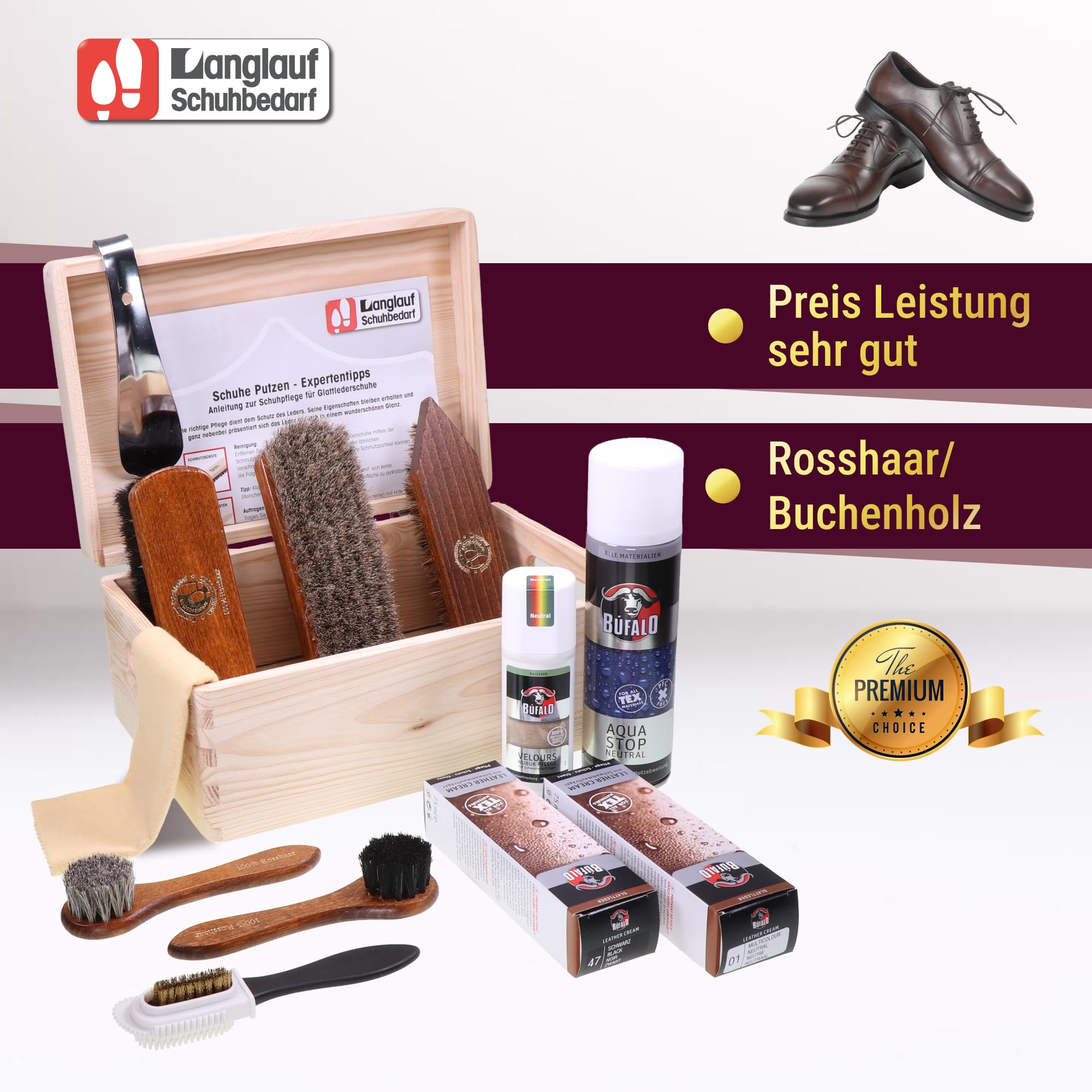 Langlauf Schuhputzset 13tlg Venezia - Schuhpflege Glatt- & Wildlederbürsten | mit Schuhcreme farblos/schwarz, Imprägnierung, Velours- & Nubukpflege, Rosshaarbürste Schuhbürsten Set für Glanz & Reinigung