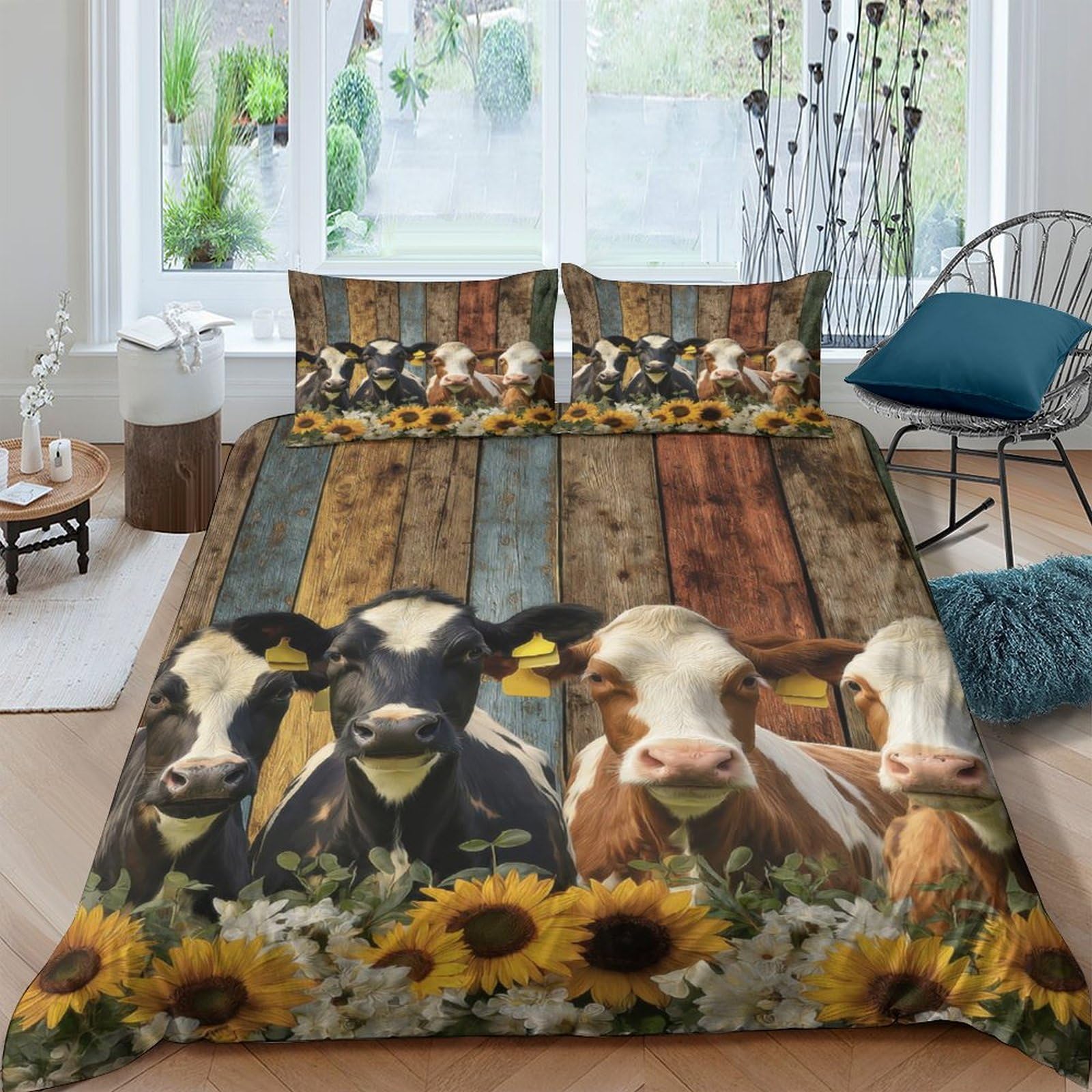 Ctjqhvkz Style-7 3D Printed Cow Sunflower Fitted Sheet Microfiber Rustic Wood Bed Cover Non-Slip Bedroom Decor Machine Washable Single（135X200cm）