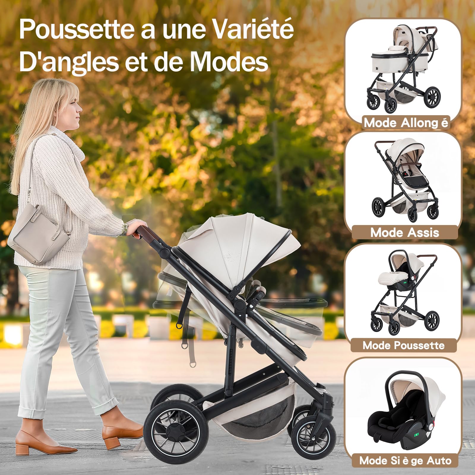 Poussette 3 in 1 Beige - Ensemble avec Siège Auto, Tout Terrain avec Poignée Réglable, Panier de Couchage et Nacelle avec Couvre-Pieds Surélevé, 0-4, 22KG