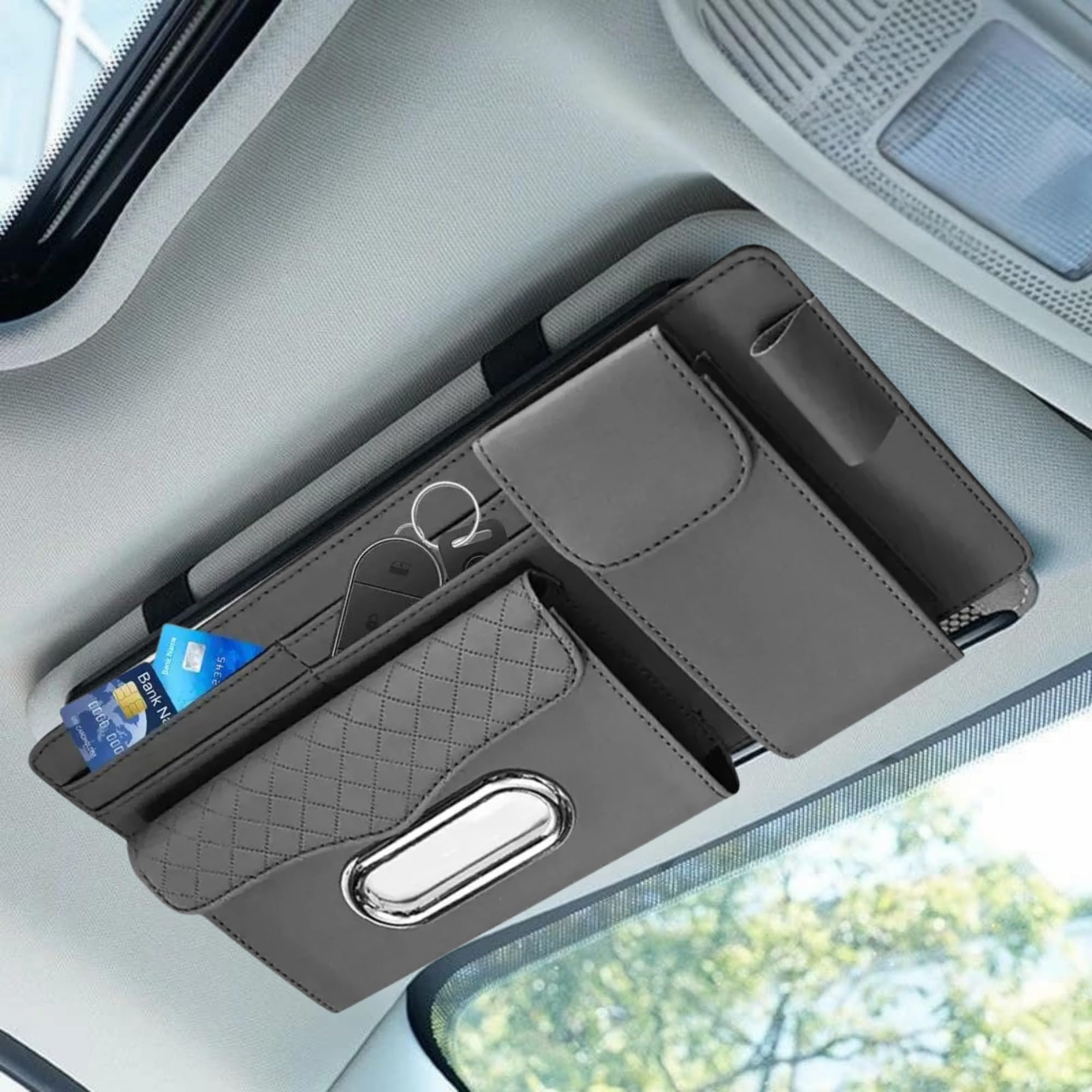 DETACHI Car Sun Visor Organizer with Tissue Paper, Sunglass Pen Card Small Document Storage Pouch & Phone Holder, Leatherette, Multi-Pocket with Zipper Net-(Grey, 18X3X37CM)-image-37