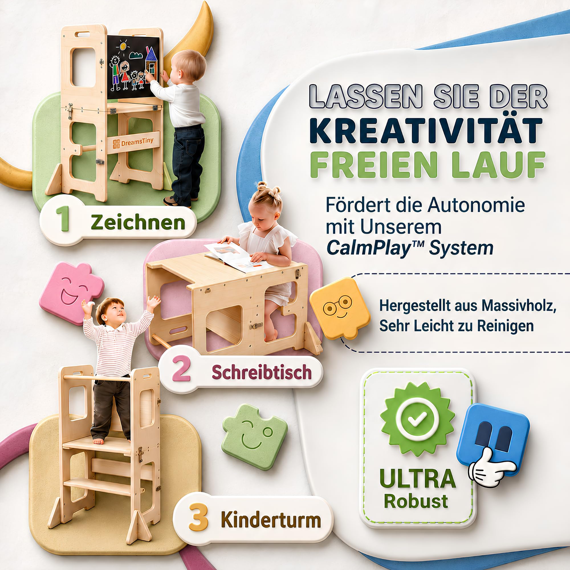 Lernturm ab 1 Jahr Klappbar 3-in-1, Lernturm mit Rausfallschutz | Inklusive Xylophon, Malbuch, Buntstiftbox, Schneidewerkzeug und Montageset, Lernturm Klappbar, Montessori Learning Tower