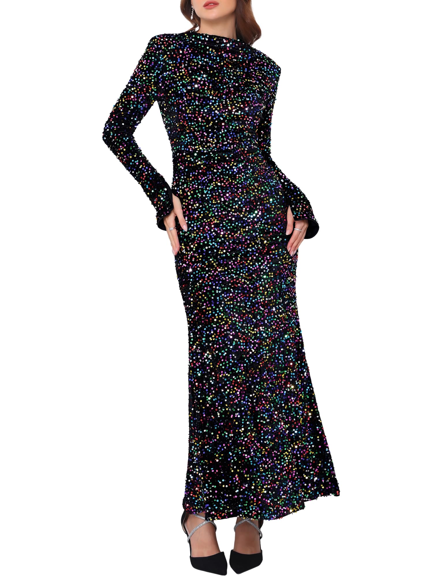Femme Robe Maxi Bodycon Velours Sequins Cocktail Soirée | Détails Sequins Brillants Idéal pour Cocktail Soirée Bal Club Tissu Légèrement Extensible