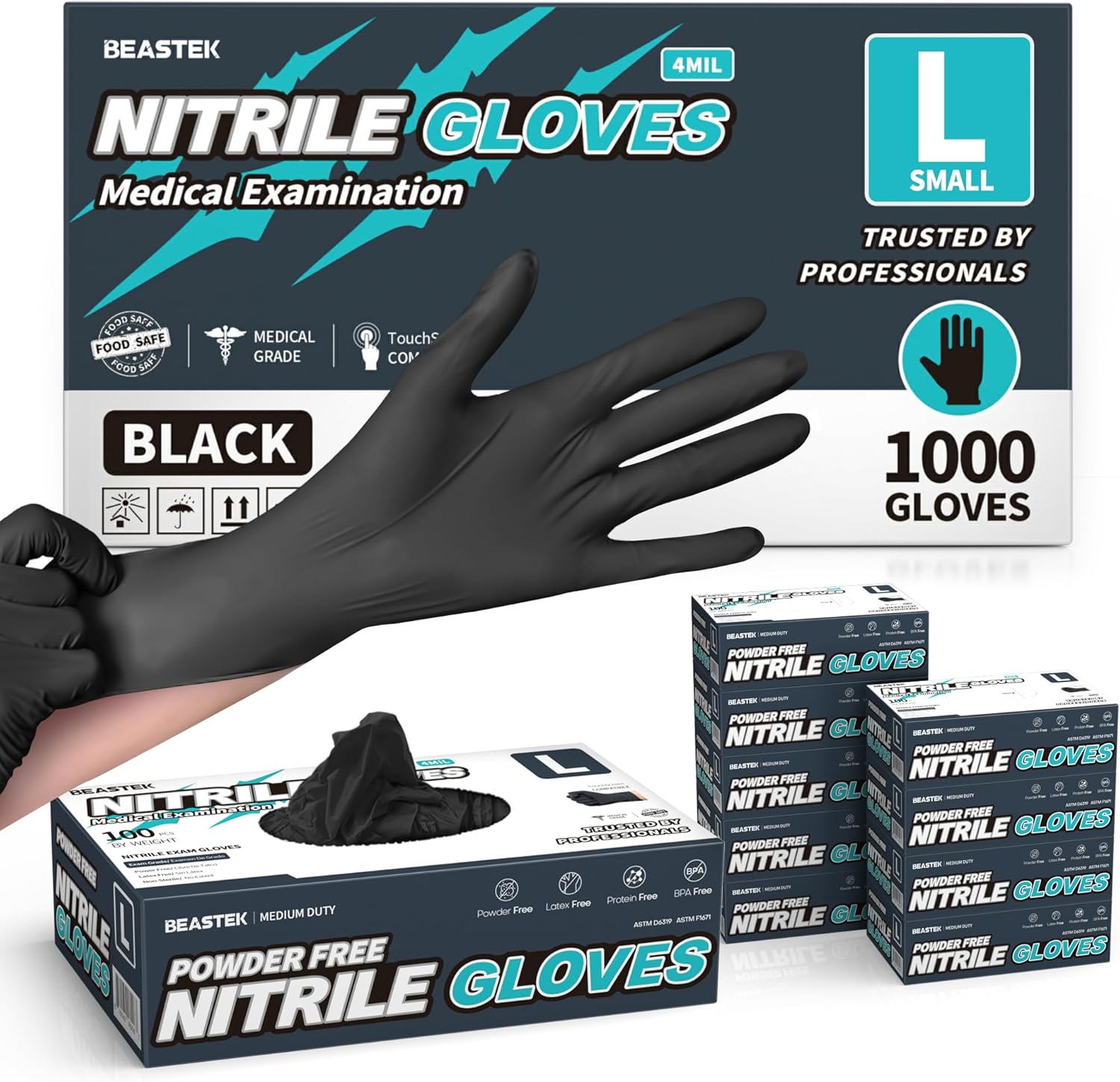 Beastek Black Disposable Nitrile Exam Gloves 100 Pcs 4Mil Chemical Resistant Powder-Free Latex-Free Food Safe Medical Cooking