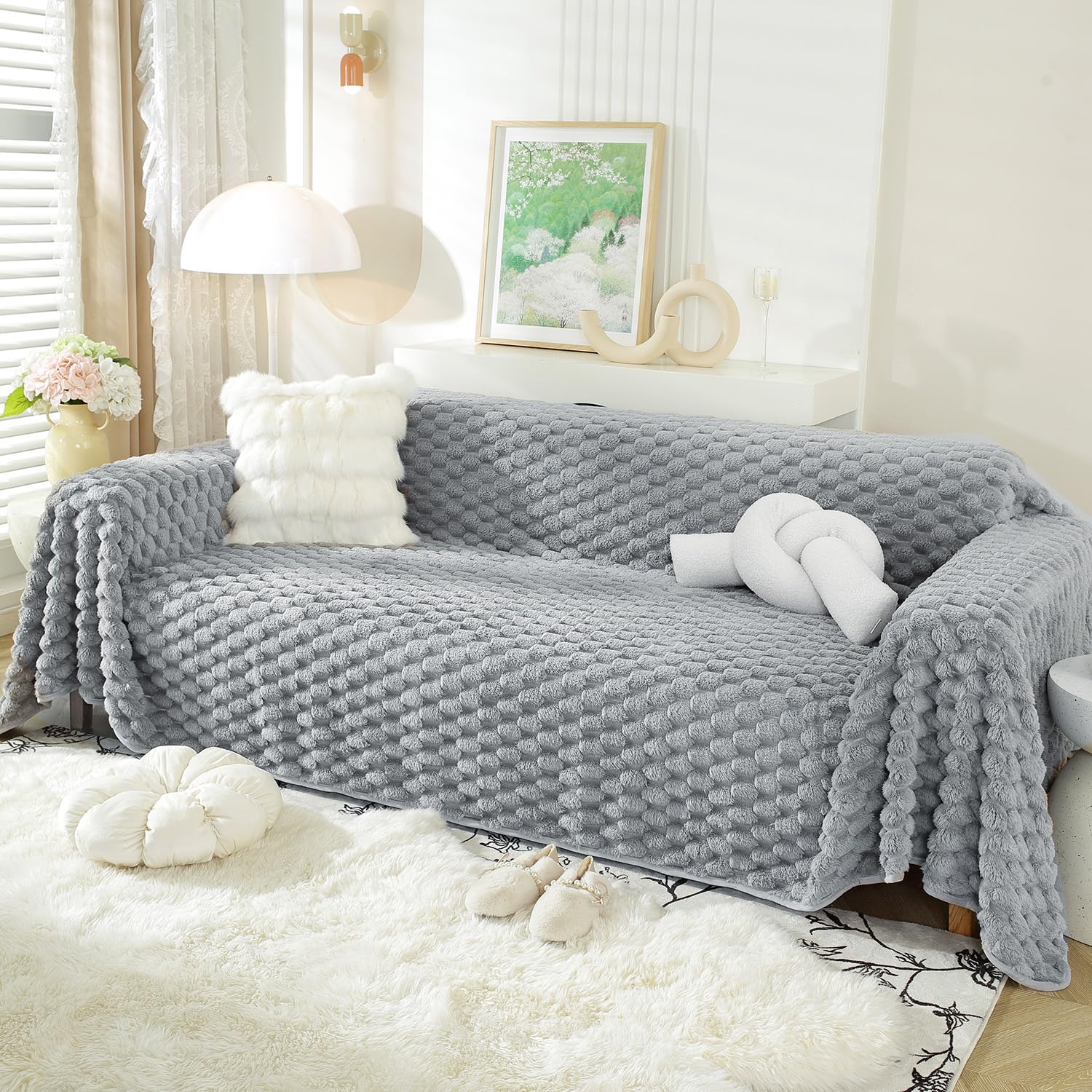 HOKIPO Luxury Premium Rabbit Wool Plush Fluffy Sofa Cover, Sofa Throw for 1 Seater Sofa, 180(D) x 190(L) cm, Moon Grey (AR-5073-GRY)