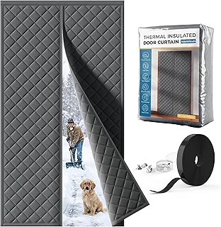 Magnetic Thermal Insulated Door Curtain Fits Door Size 36 x 82 Inch, Insulation Cover for Cold, Oxford Cloth Thicken Cotton Filled Blanket for Front Back Attic Door in Winter, Grey