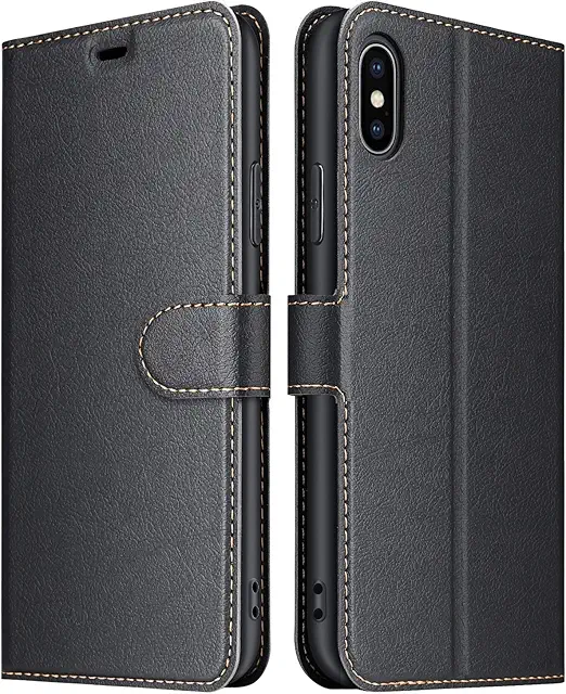 Coque iPhone X/XS Premium Portefeuille en Cuir PU avec Support - Noir