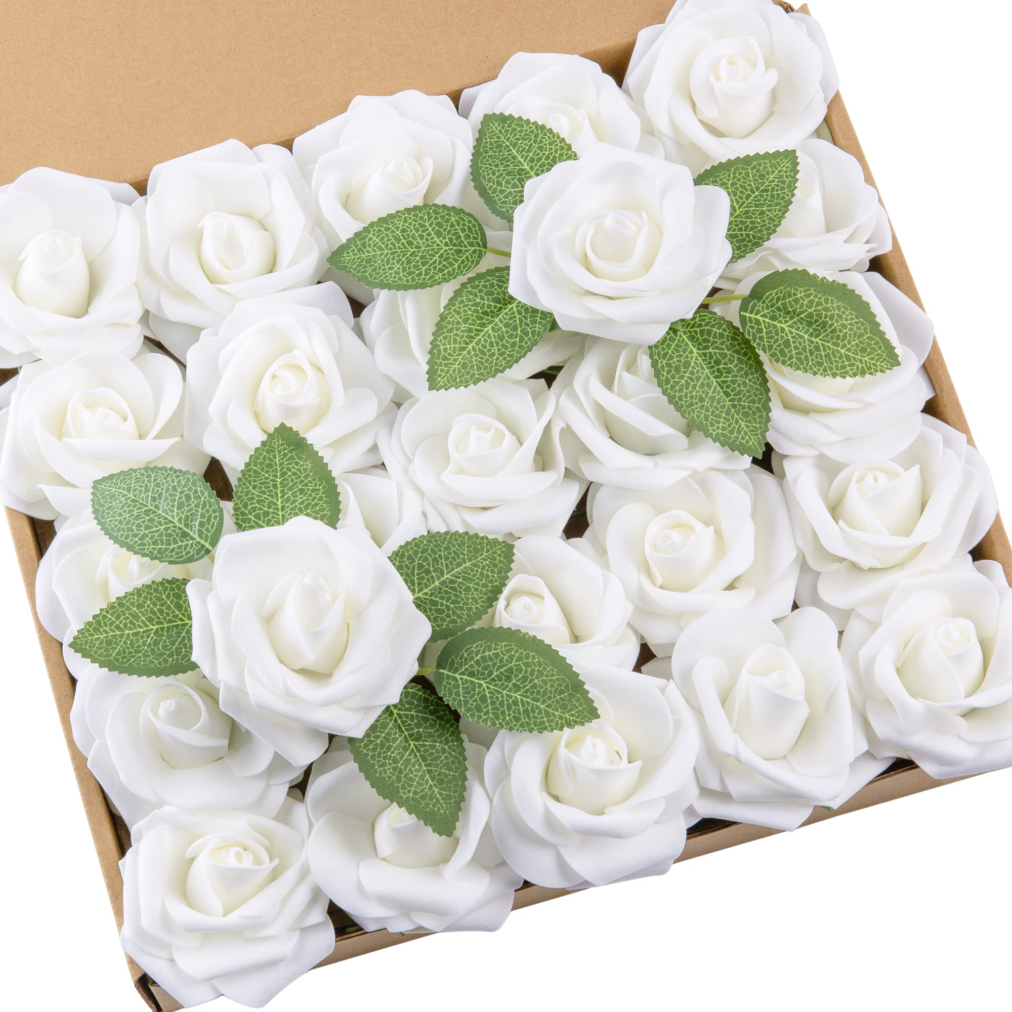 DuHouse Artificial Roses 25Pcs Fake Foam Rose Flowers Weeding(Ivory)