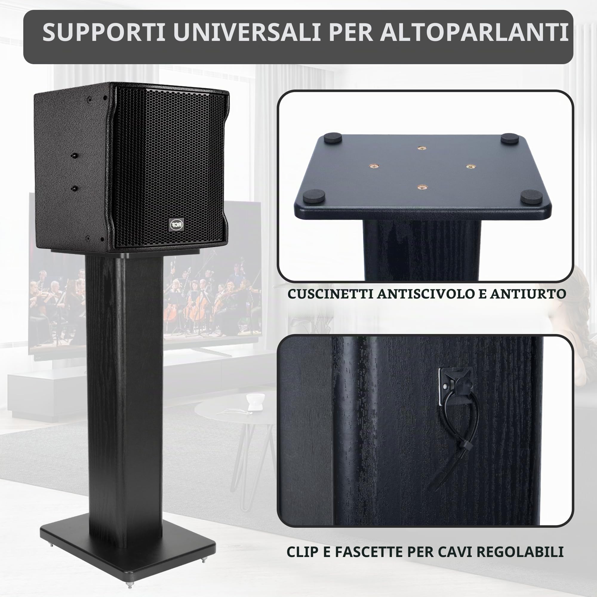 Coppia di supporti universali per altoparlanti con venature del legno da 60 cm, resistenti e surround, per home theater, con funzione di sintonizzazione con riempimento a sabbia, nero