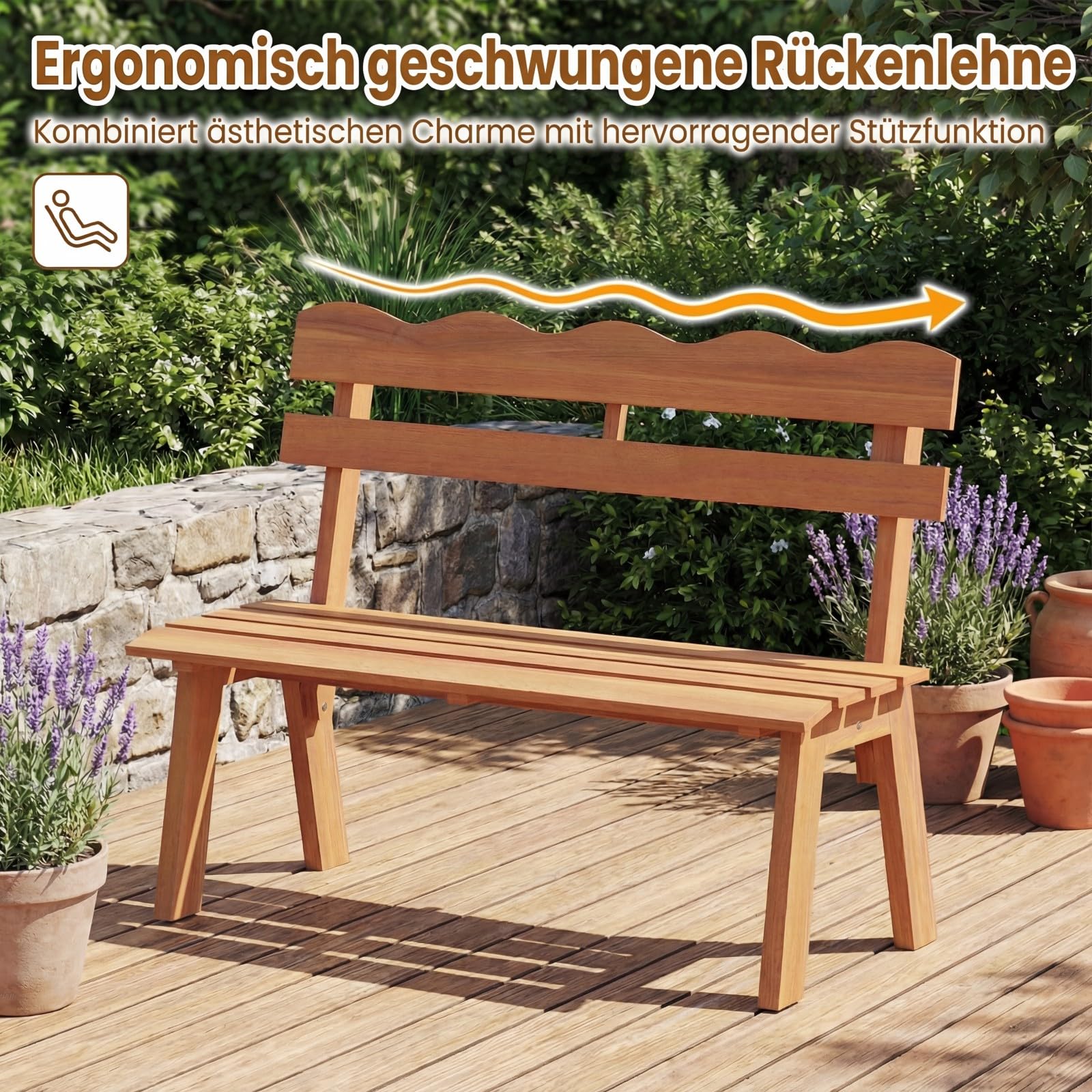 DREAMADE Gartenbank aus Akazienholz, Outdoor Sitzbank für 2 Personen mit ergonomischer Rückenlehne & Latten-Sitz, Parkbank bis zu 360 kg belastbar, Holzbank für Terrasse, Veranda & Balkon, Natur
