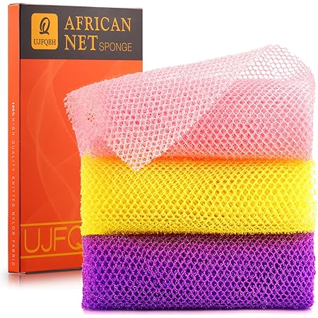 UJFQBH 3 Pieces African Bath Sponge African Net Long Net Bath Sponge Exfoliating Shower Body Scrubber Back Scrubber Skin Smoother,Great for Daily Use (Pink,Yellow,Purple)