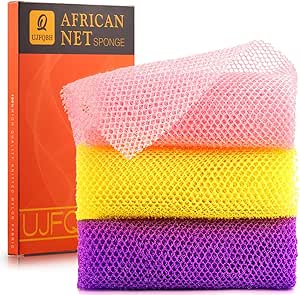 UJFQBH 3 Pieces African Bath Sponge African Net Long Net Bath Sponge Exfoliating Shower Body Scrubber Back Scrubber Skin Smoother,Great for Daily Use (Pink,Yellow,Purple)