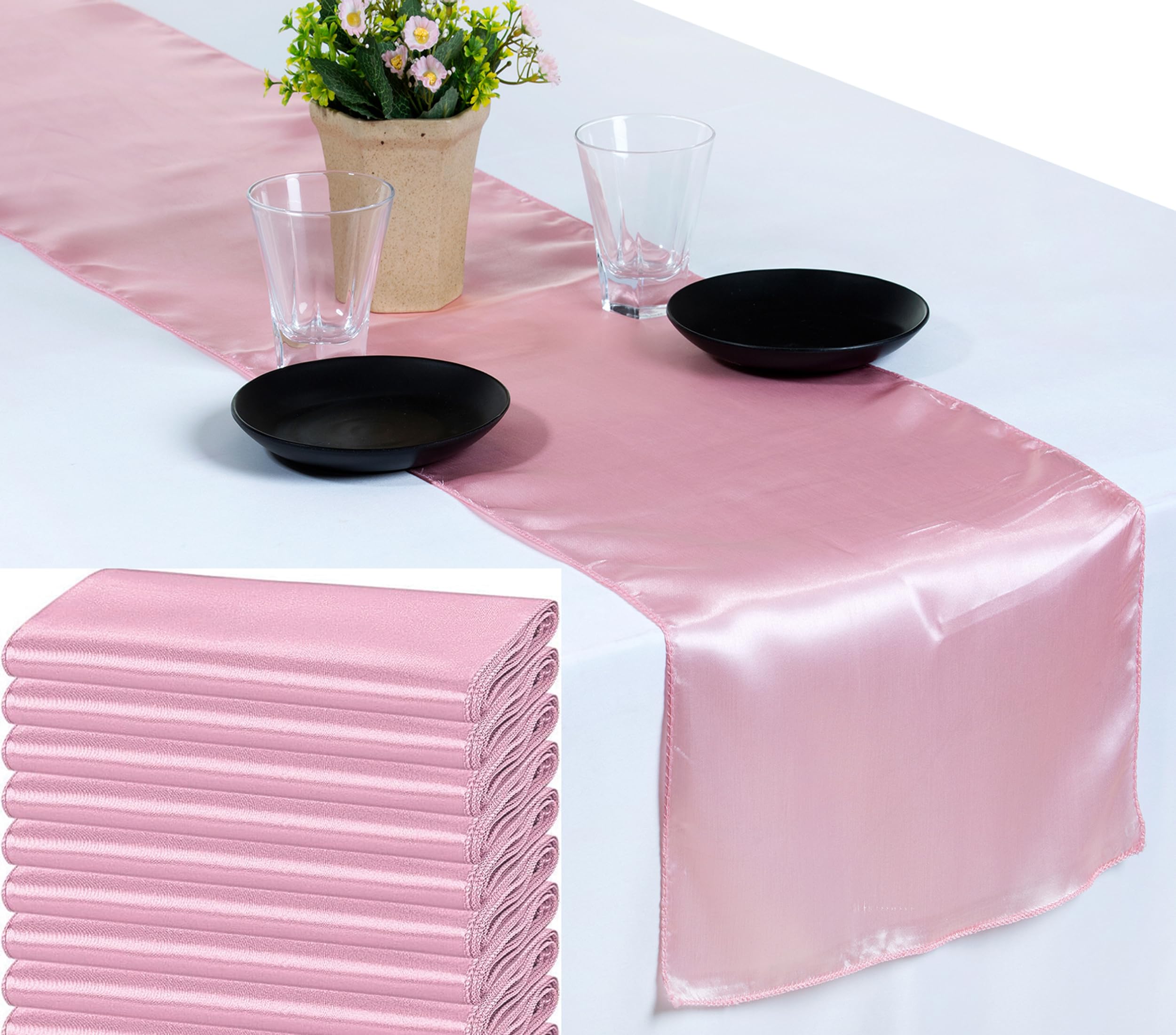 VDS Pack of 25 Satin Table Runners for Wedding & Party Décor 12” x 108”, Smooth Glossy Sateen Fabric Runner, Dining Table Decoration for Reception Banquet & Events Hotel Restaurant - Blush Pink