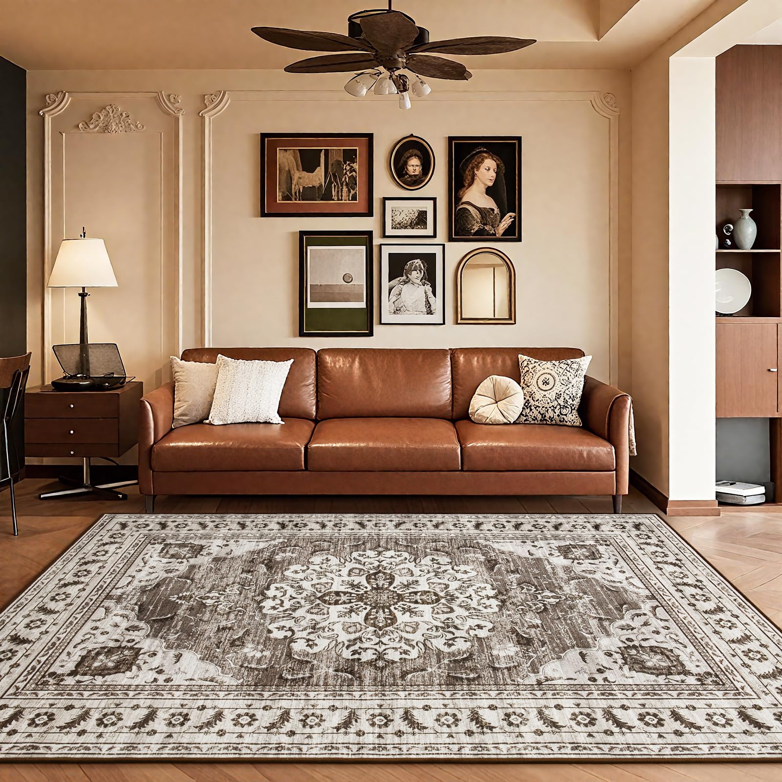 HOMORE Area Rug 4x6 Non Slip Washable Rugs for Bedroom, Ultra Thin Vintage Rugs for Living Room Oriental Rug for Kitchen Dinning Room Office Dorm, Beige/Brown