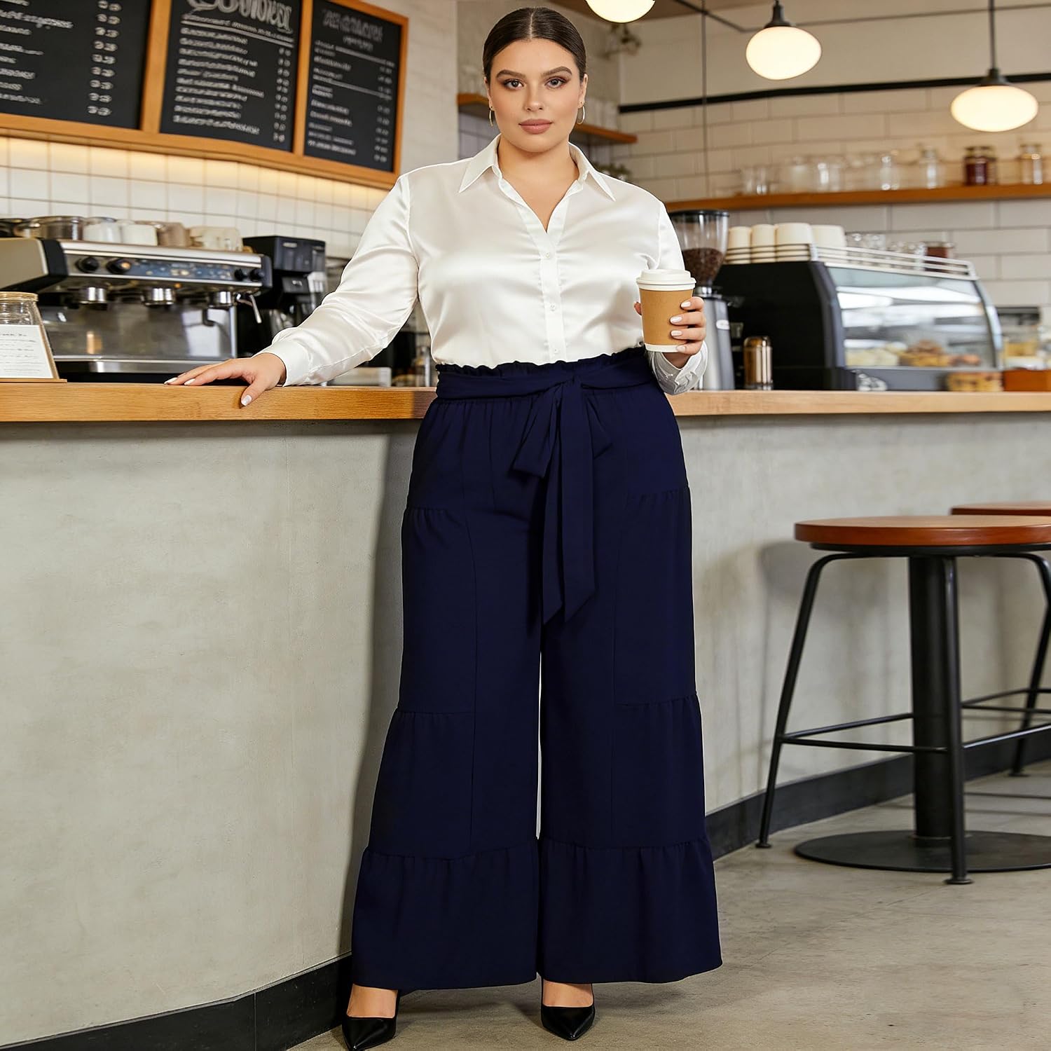 Moon Wood Plus Size Wide Leg Pants Woman High Waisted Palazzo Flowy Pants with Pockets Trendy Casual Summer Pants