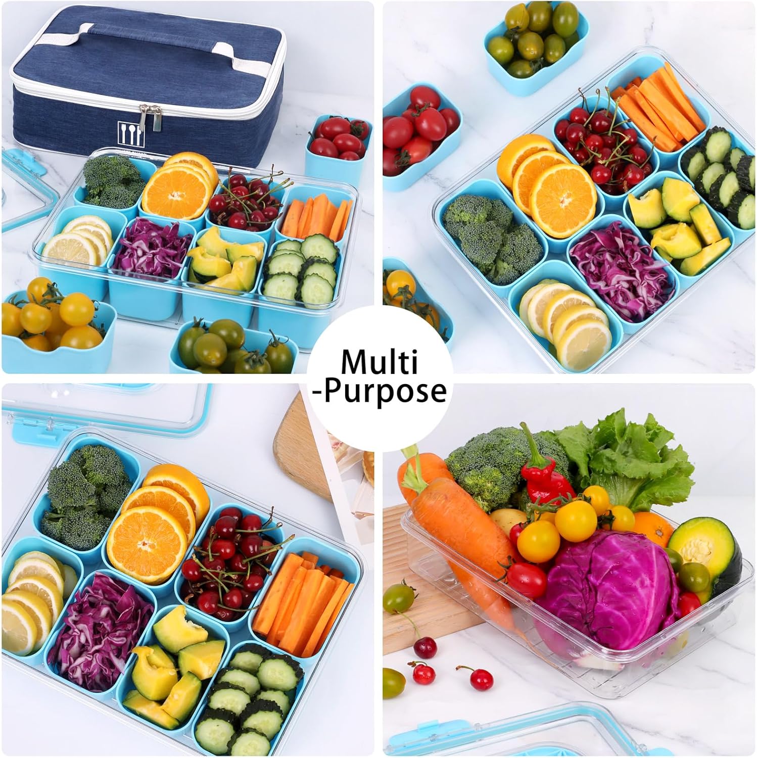 Snack Box Container with Insulated Cooler Bag, Divided Serving Tray with Lid and Handle Beach Essentials, Snackle Box Veggie Fruit Tray with 8 Compartments & 8 Forks & 2 Spoon Blue