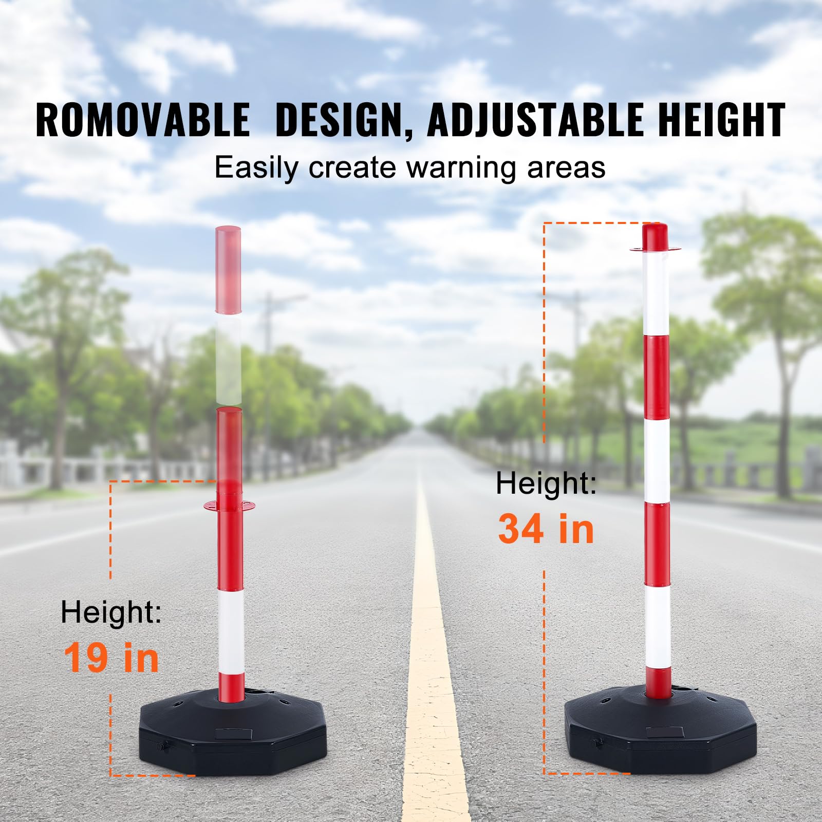 Happybuy Adjustable Traffic Delineator Post Cones, 6 Pack Red & White. Traffic Safety Delineator Barrier with Fillable Base and 6.6FT Chain. for Traffic Control, Warning, Parking Lot